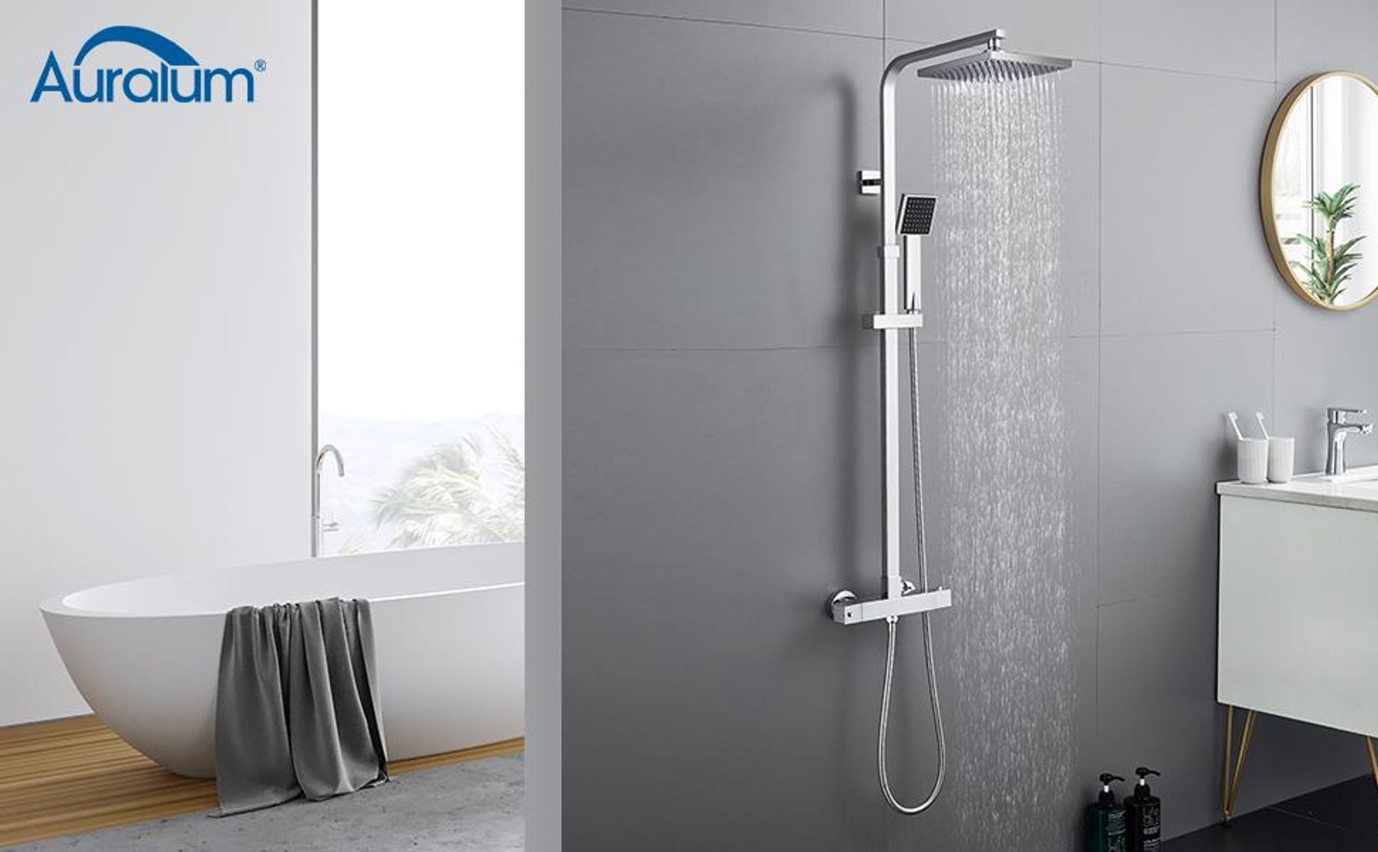 Auralum Duschsystem mit Thermostat & Verstellbarer Höhe - Moderner Chrom Duschkopf für Badezimmer