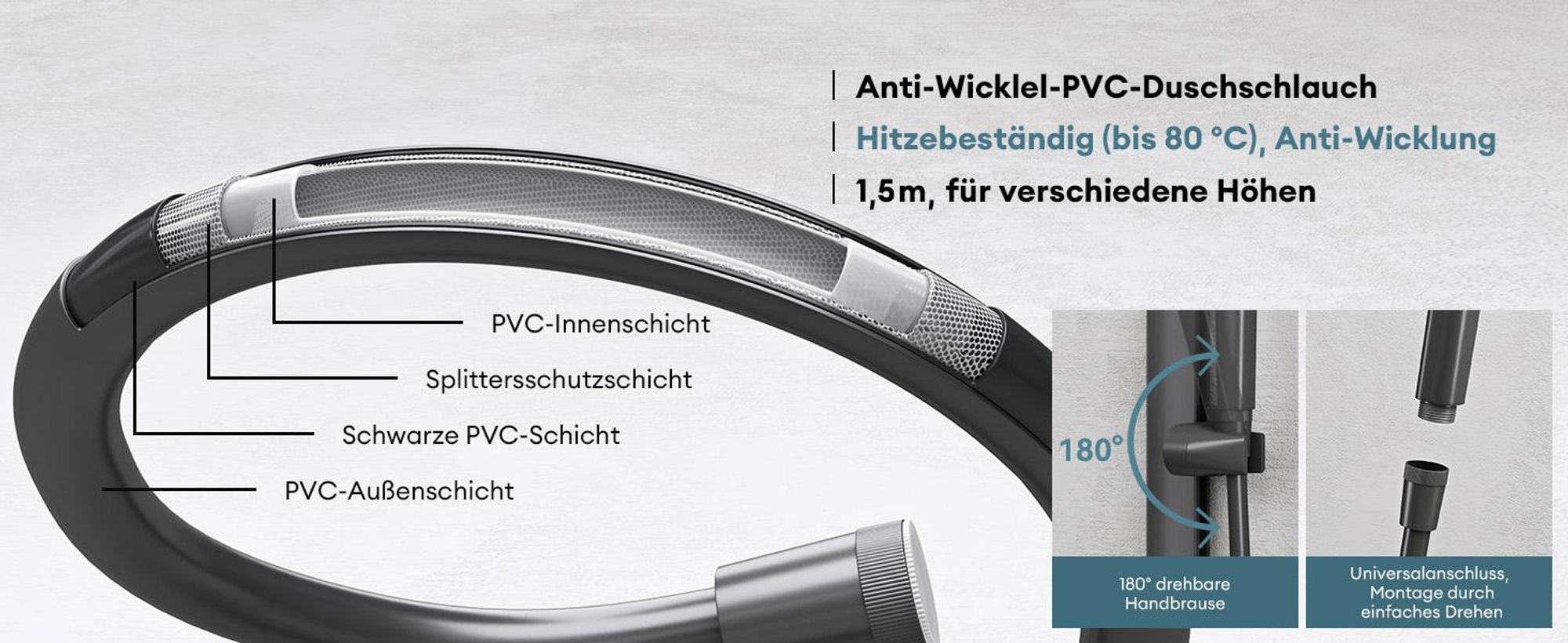 Mai & Mai Duschsystem mit Regendusche Duschkopf 3 Strahlarten höhenverstellbar Duschbrause mit Unterauslauf aus Aluminium Grau  Arvexa-02