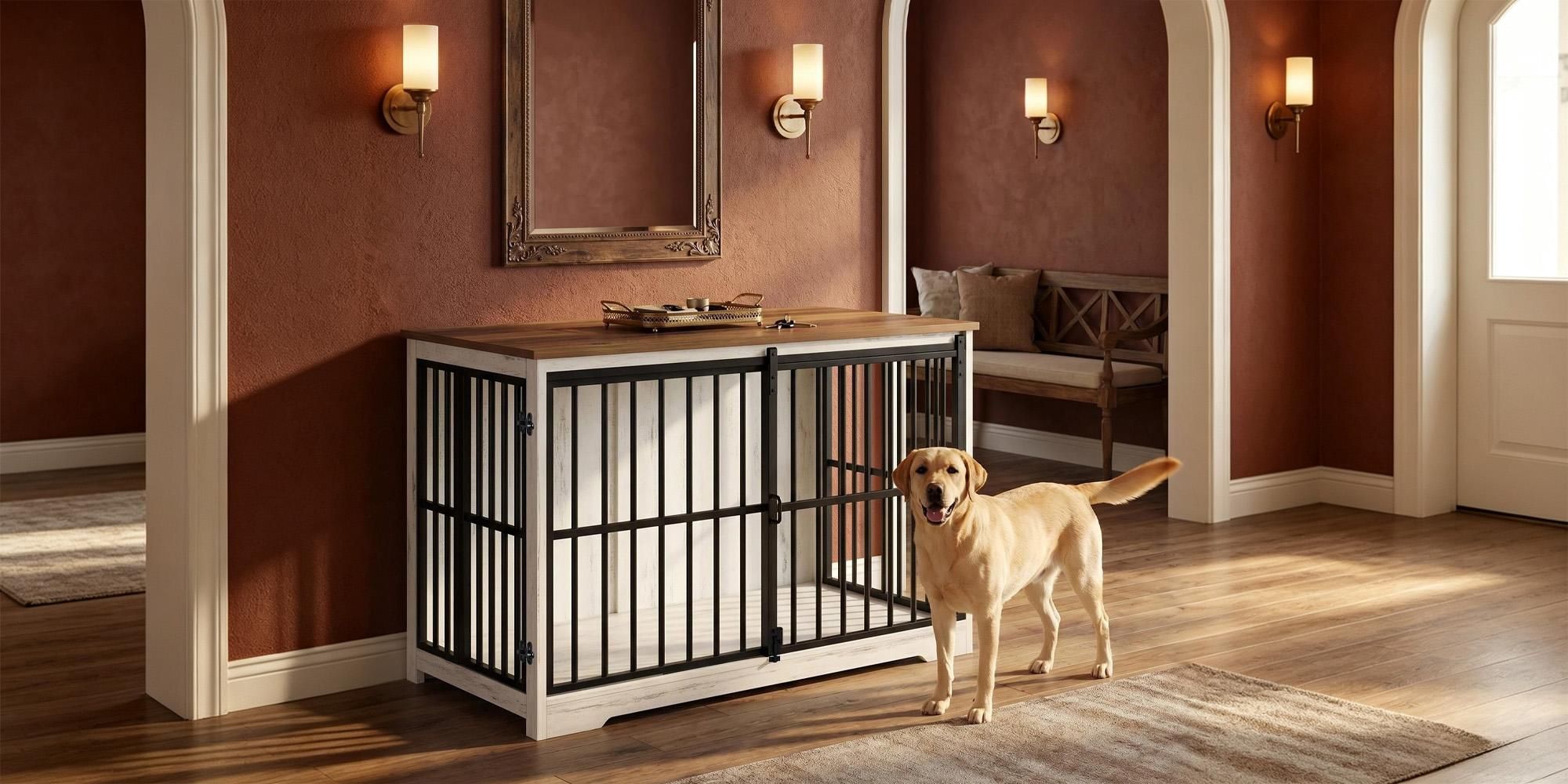 Hundekäfig Möbel, 119 cm Hundebox Möbel, 2 Türen, Weiß Braun | XXL Moderne Hundekäfig Indoor für Mittlere/Große Hunde, Beistelltisch