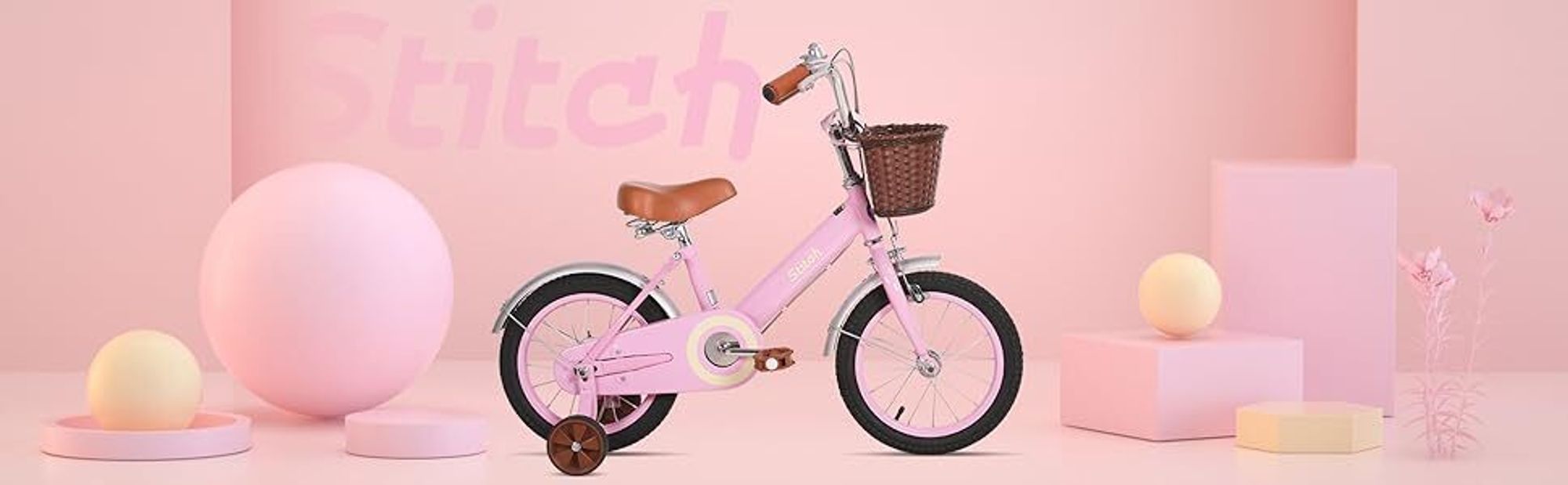 HILAND Stitch 16 Zoll Kinderfahrrad für Mädchen 5 6 7 8 9 Jahre alt mit Vorderkorb, Stützrädern, Schutzblech, Klingel, Beige