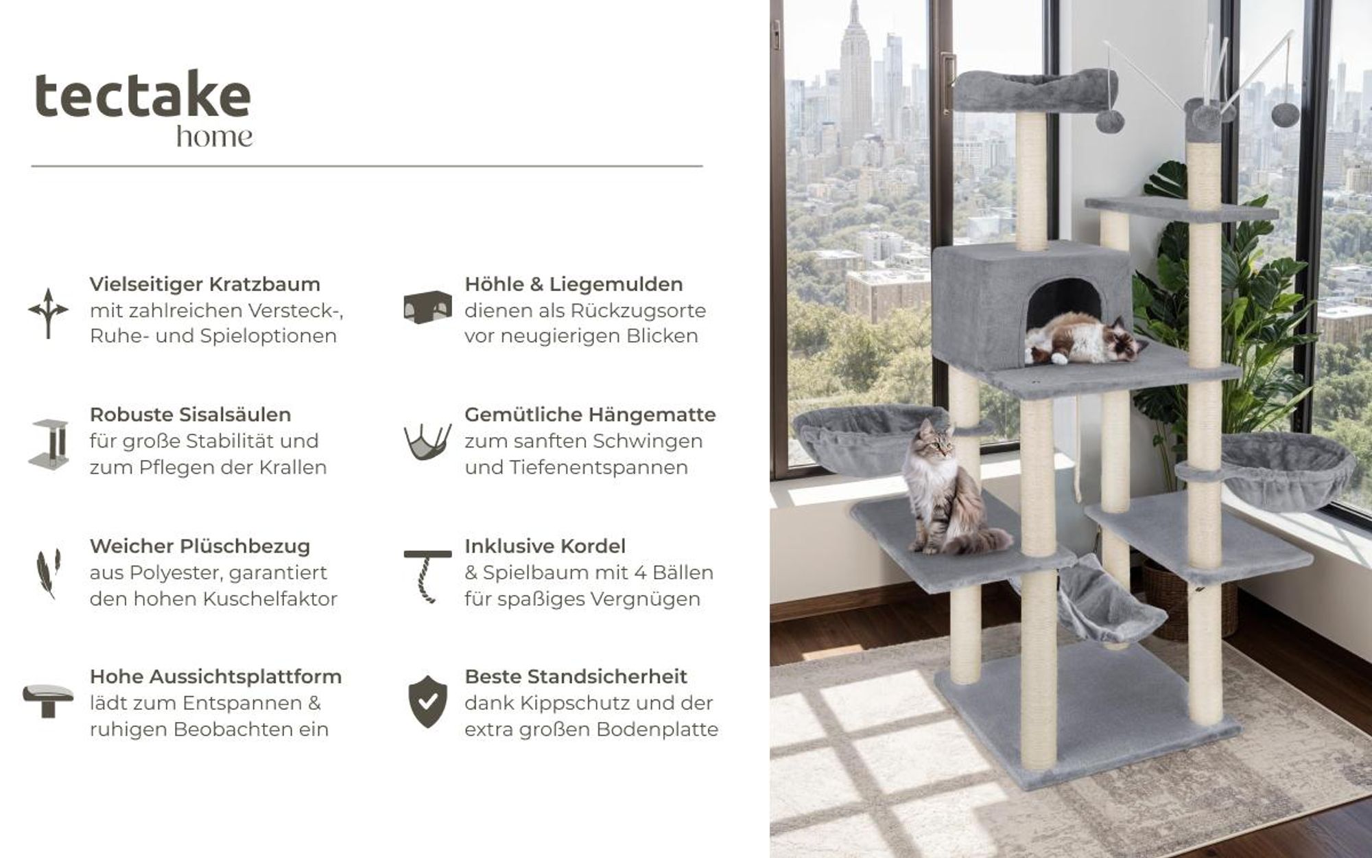 tectake® Kratzbaum Lilou 165 cm inklusive 4 Spielbällen, Kordel und Kippschutz