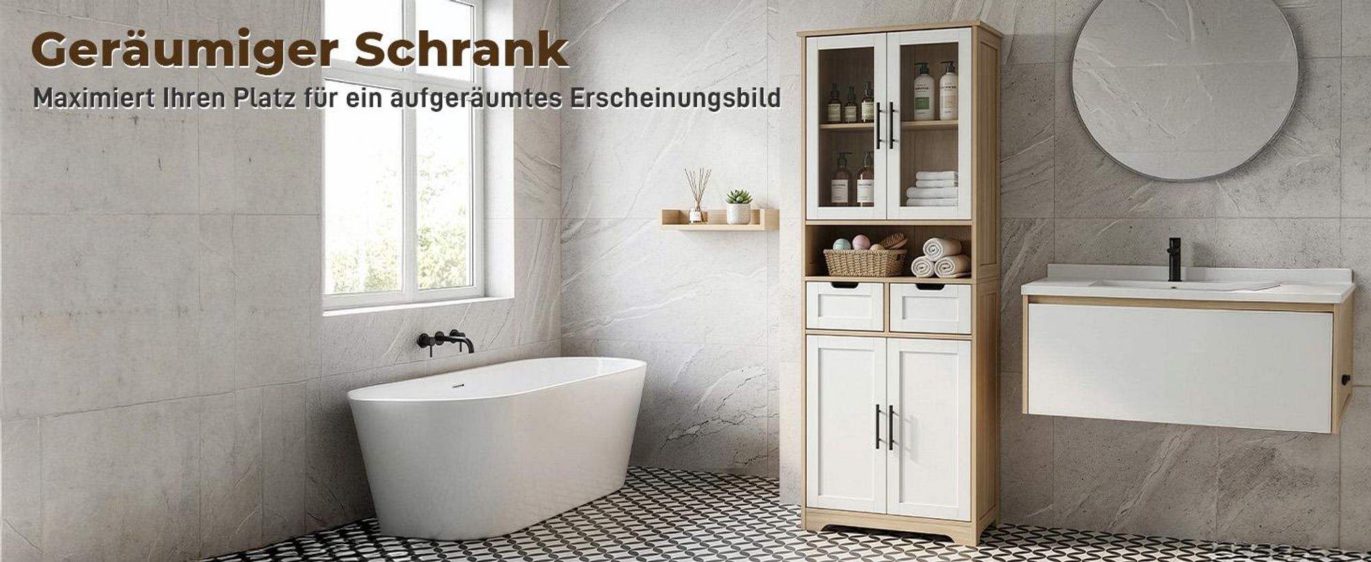 FCH Küchenunterschränke,Vorratsschrank, mit 4 Türen und 2 Schubladen,60 x 30 x 170cm, Weiß + Eichenoptik
