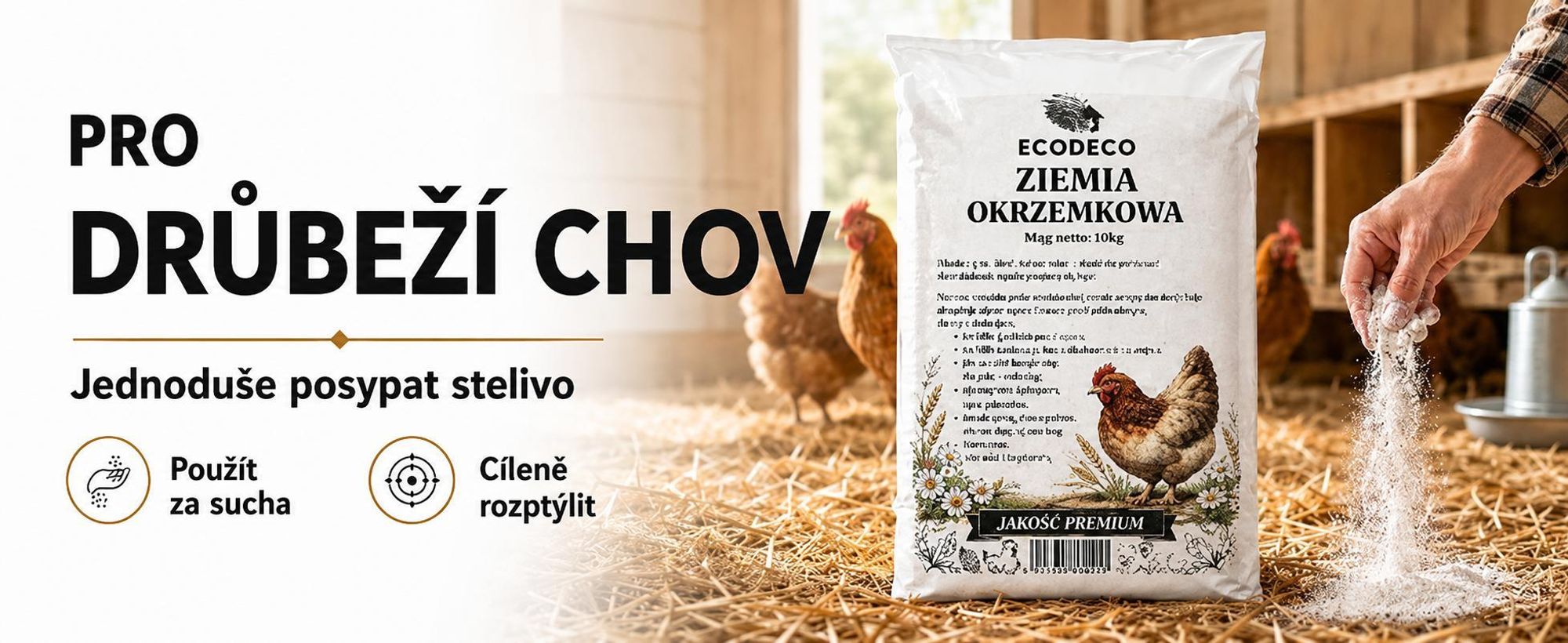 Ecodeco, křemelitá zemina (diatomit), 10 kg. Vhodná pro slepčí hnízda, stelivo a chov zvířat. Minerální materiál, který dobře absorbuje vlhkost, je bez zápachu