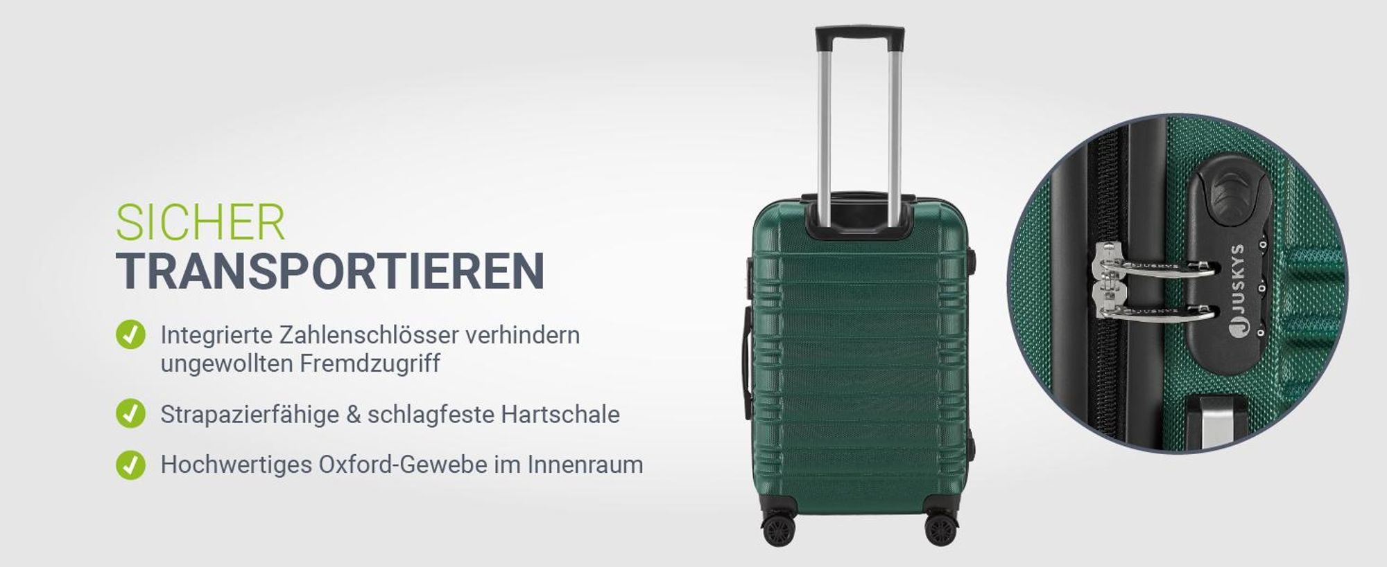 Juskys Hartschale Kofferset Reisekoffer 4 teilig - Zahlenschloss, geräuscharme 360° Rollen groß, Teleskopgriff, leicht - Koffer in Dunkelgrün