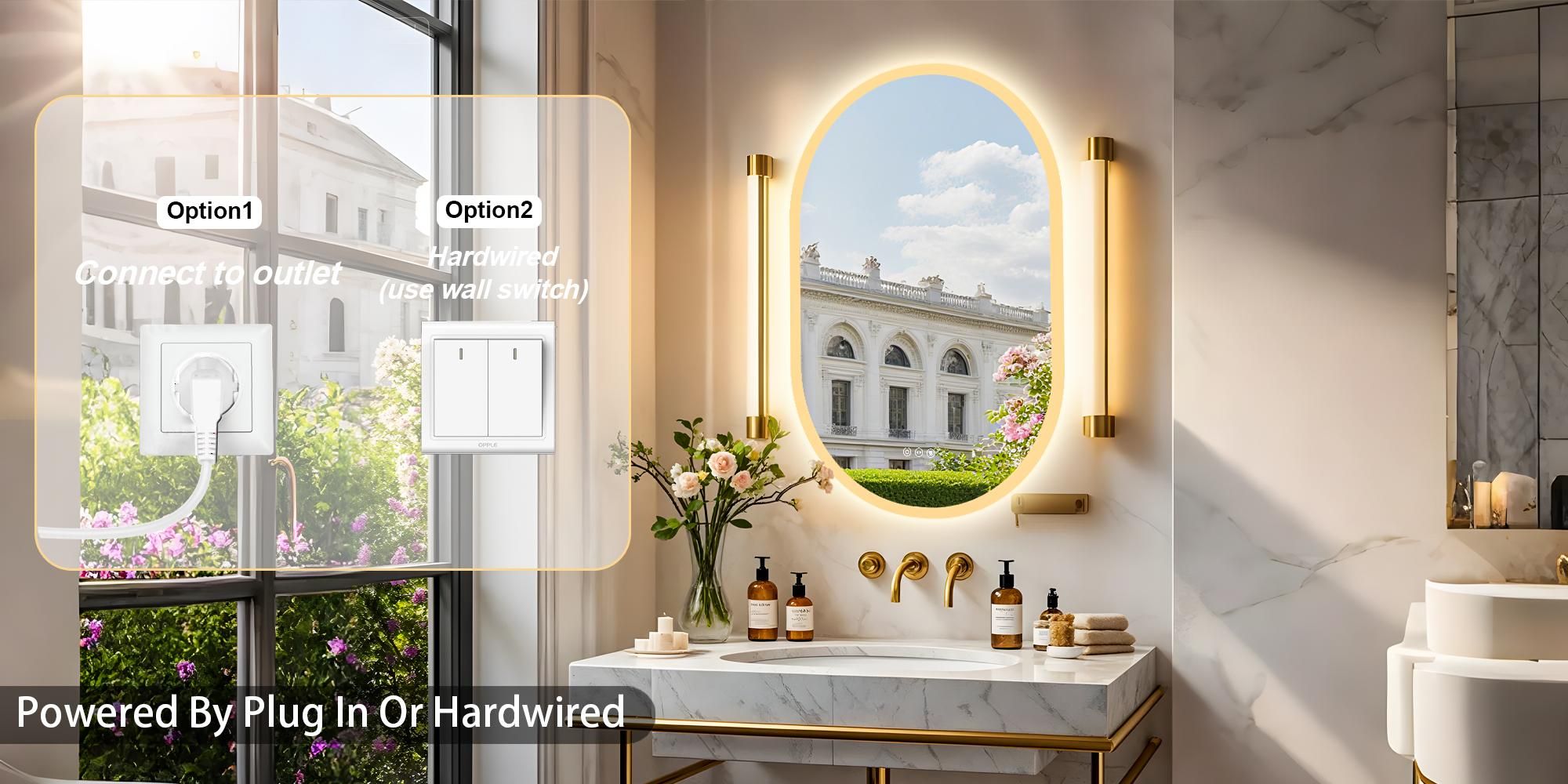WISFOR LED Badspiegel Oval 60x90cm, Ovaler Wandspiegel mit Beleuchtung Anti-Beschlag 3 Lichtfarben Speicherfunktion