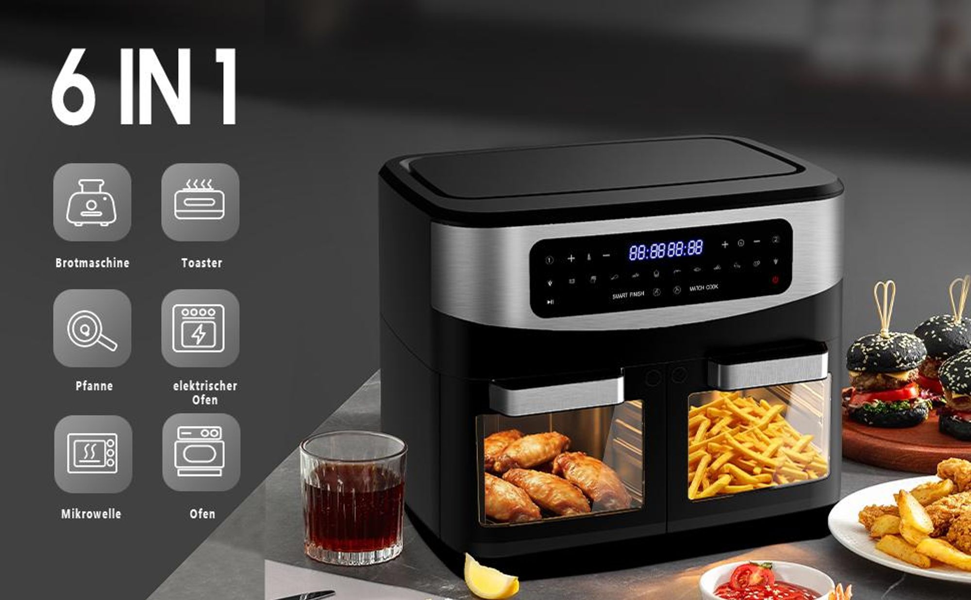Heißluftfritteuse 12 L Dual Zone 2600 W, XXL Airfryer ohne Öl mit 2 unabhängigen Garzonen, Digital LED-Touchscreen, fettarm, ideal für Familien