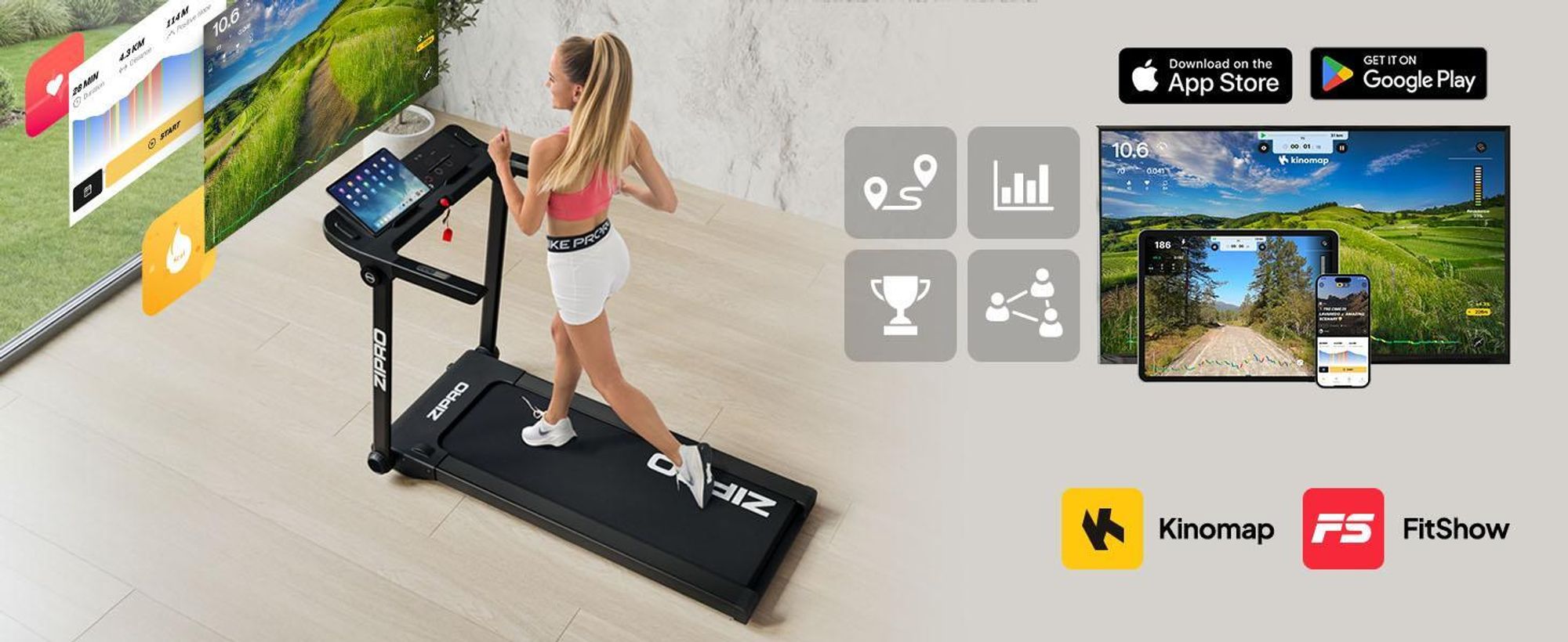 Zipro Loopband, opvouwbaar, model Pacto – Elektrische fitnessloopband, ultradun, geschikt om onder het bed te plaatsen, compatibel met apps (Kinomap/FitShow) en voorzien van een LED-touchscreen