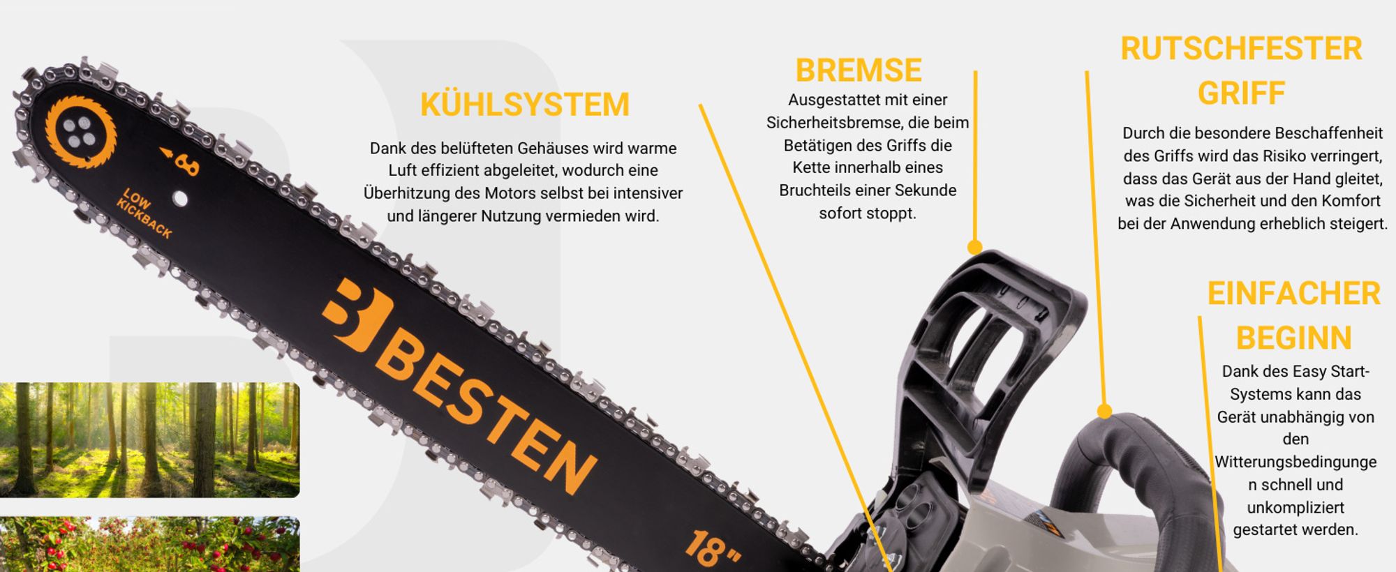 BESTEN Benzinsäge, Benzin Kettensäge, 58CC Holzkettensäge, 2x Kette, 2x Führungsschiene + Öl