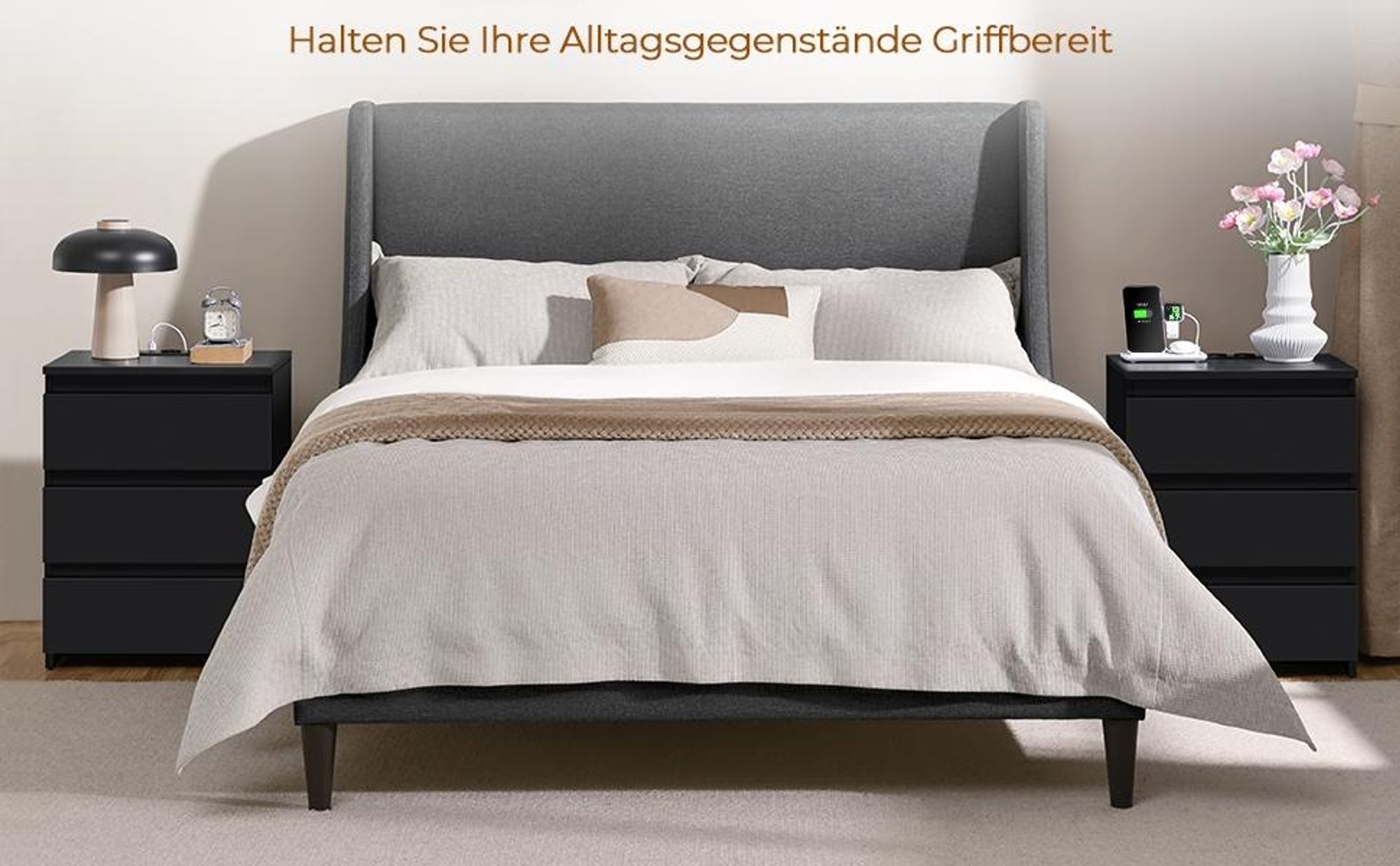 Yaheetech Nachttisch 2er Set Beistelltisch, 2 AC-Steckdosen, 2 USB-Anschlüsse, Emissionsklasse E1, Schwarz