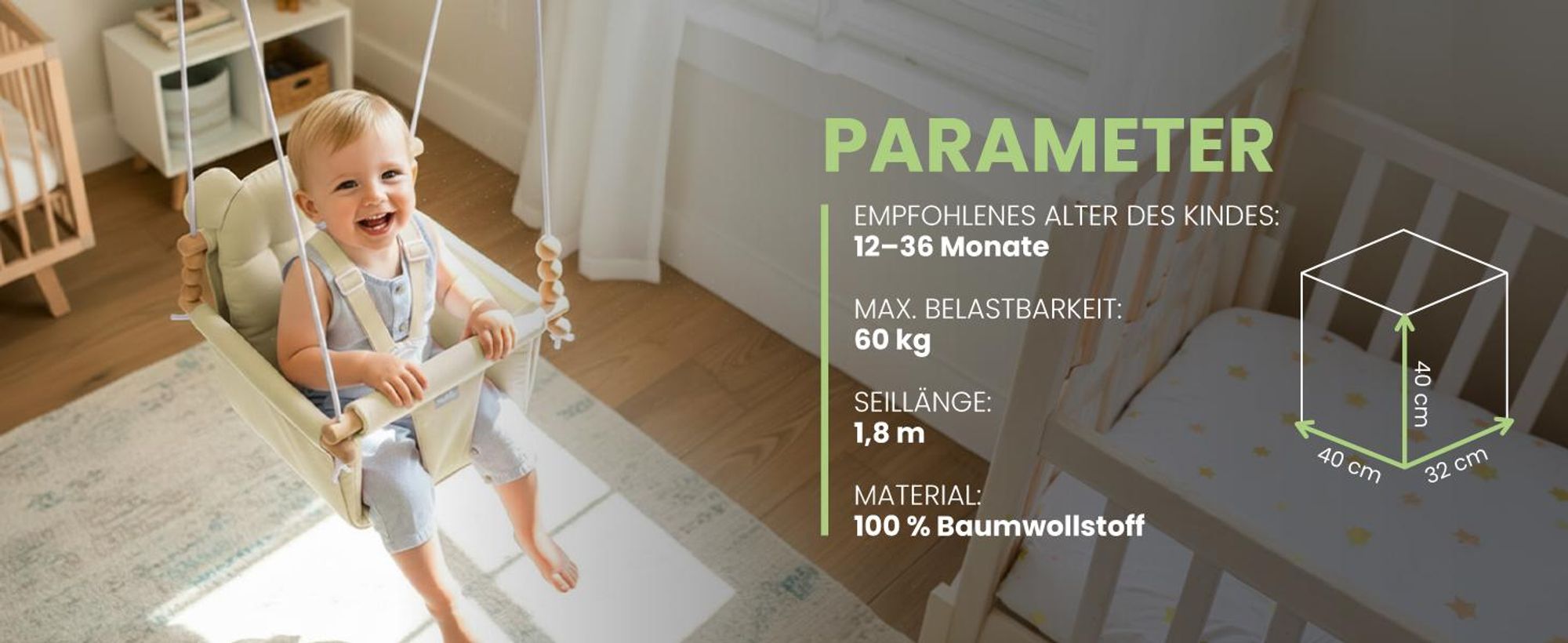 Beigefarbene Kinderschaukel an Seilen mit Baumwollkissen
