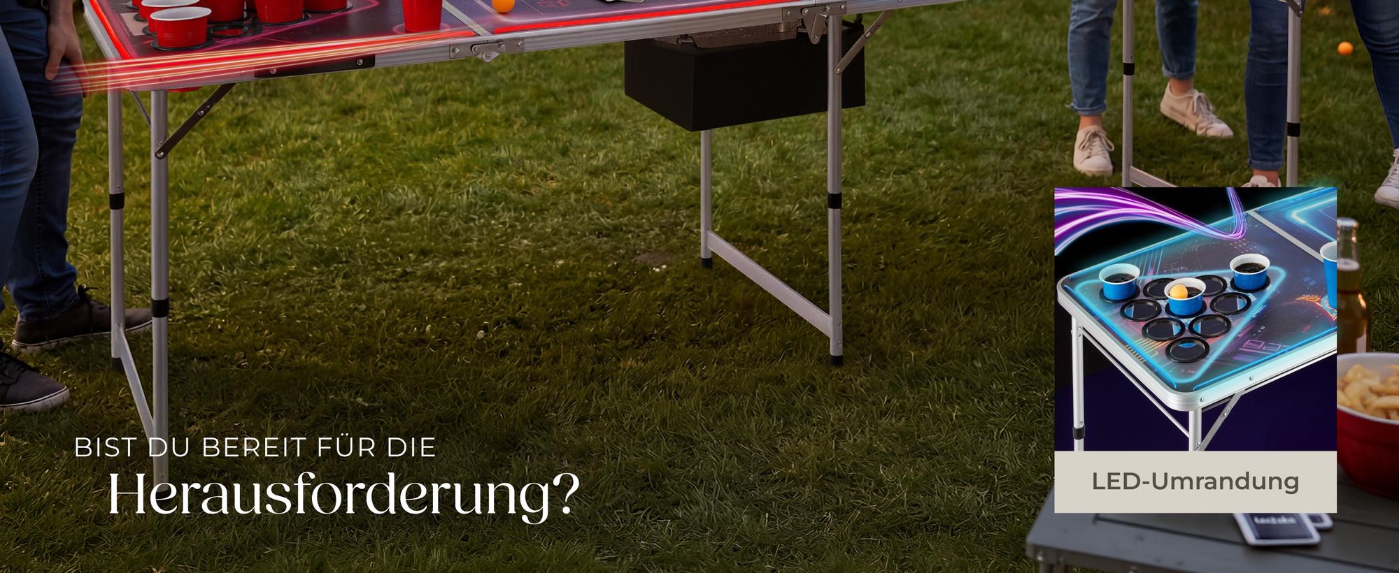 tectake® Aluminium Bierpongtisch BeerWars II mit Eisfach, Becherlöchern, LED-Beleuchtung inklusive 100 Bechern, 6 Bällen und Kartentrinkspiel