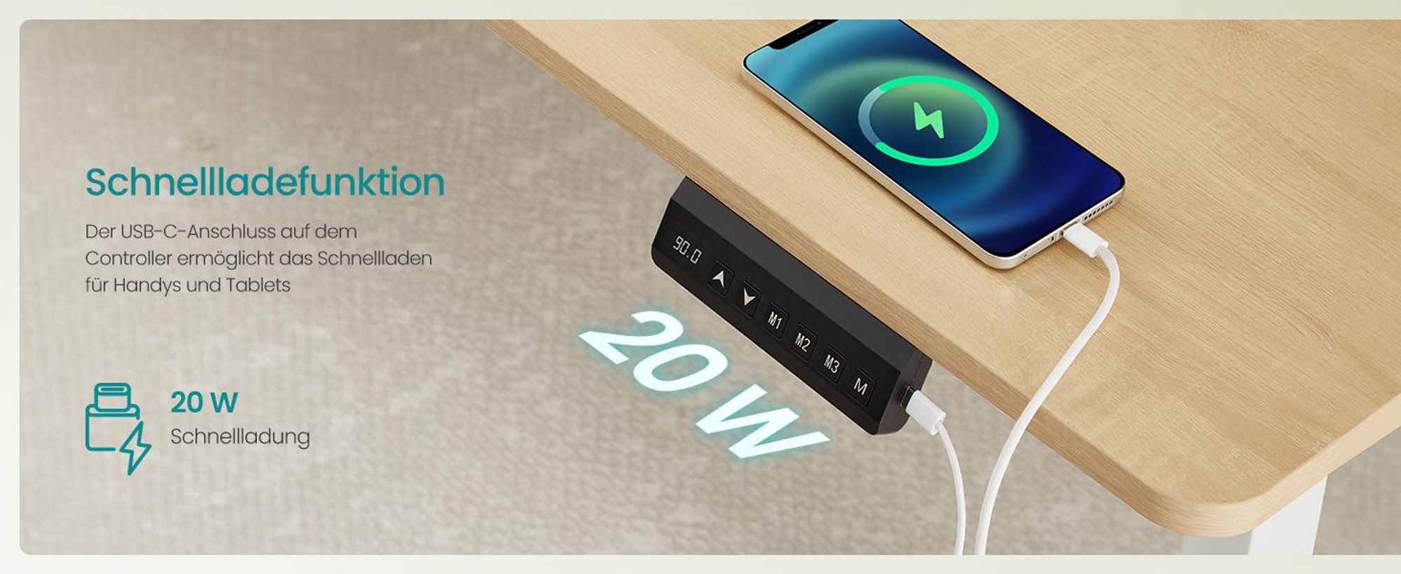 SONGMICS Höhenverstellbarer Schreibtisch, 180 cm, Memory-Funktion mit 4 Höhen, USB-C-Anschluss, Organizer