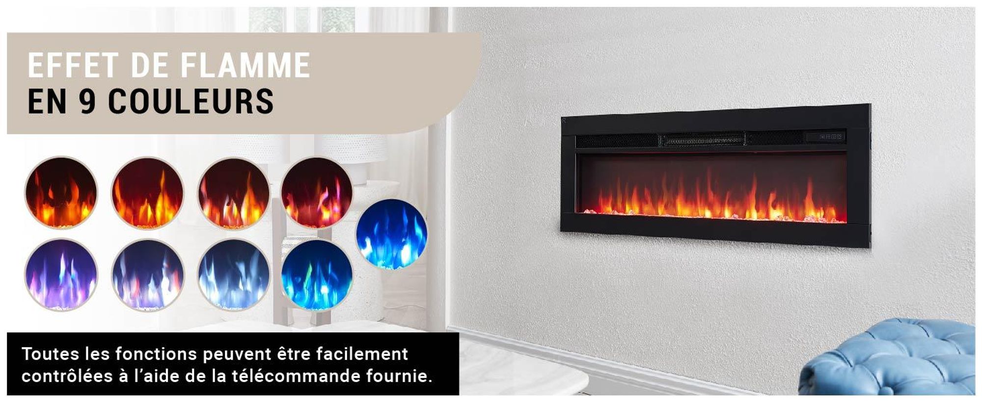 Cheminée électrique encastrable BALDERIA Agnes 36 – Puissance de chauffage jusqu'à 1 800 W, noire