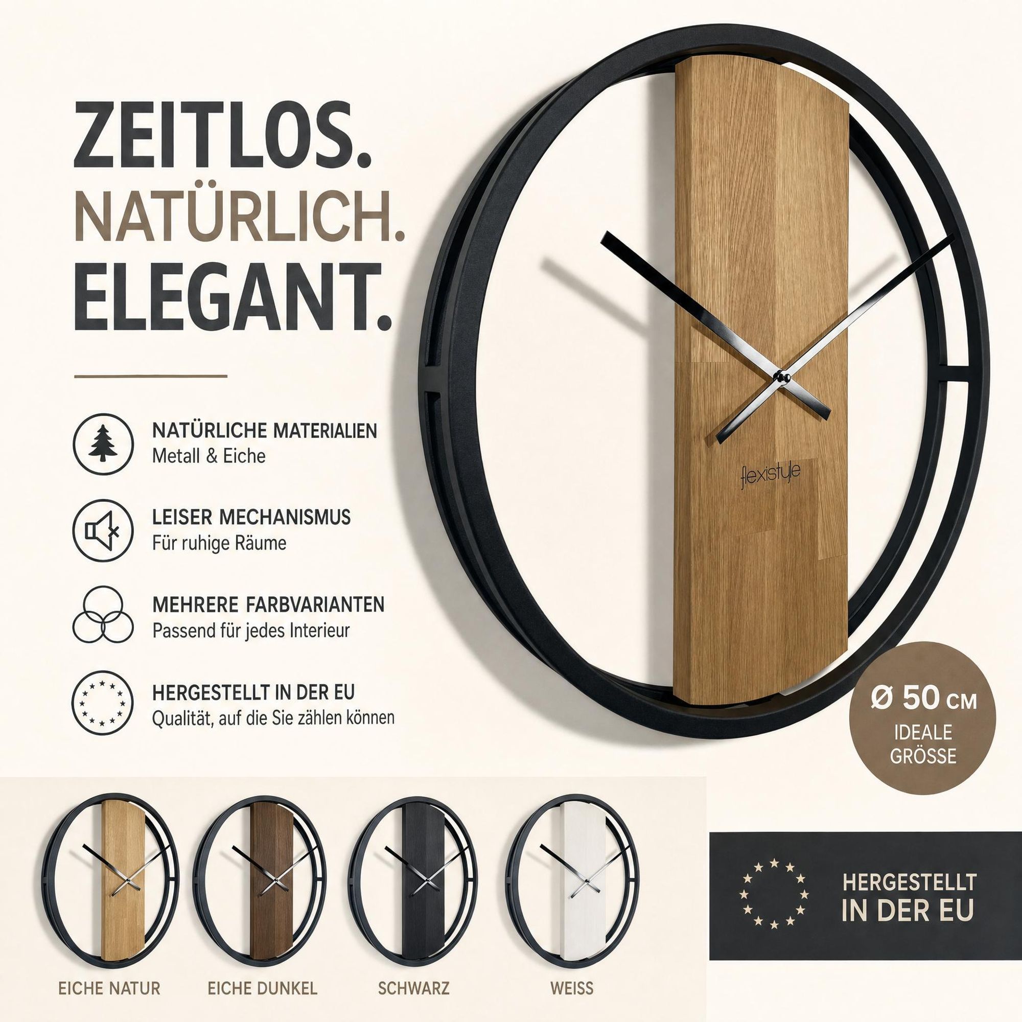 Wanduhr groß ohne tickgeräusche LOFT OVAL Metall schwarz 3D XXL modern Holz Eiche Badezimmer Wohnzimmer 50cm Durchmesser