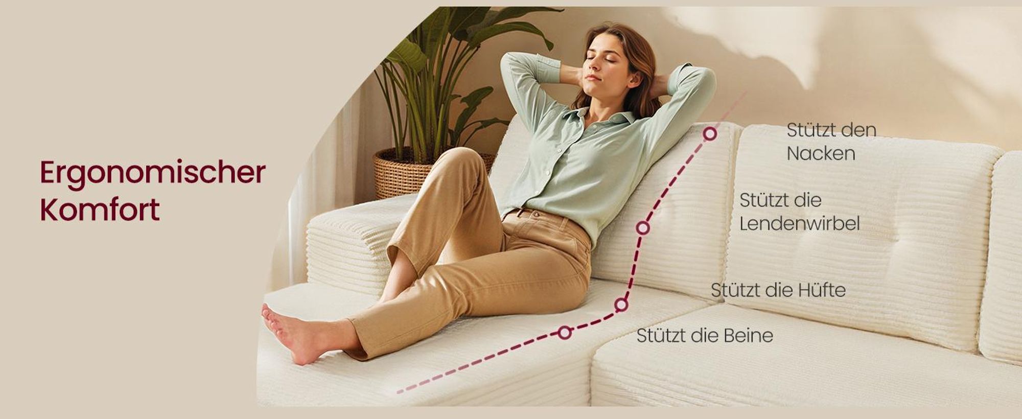 VASAGLE U-Form Sofa 6-Sitzer Modulares Cord Sofa mit Kissen 336 x 154 x 89 cm Weiß