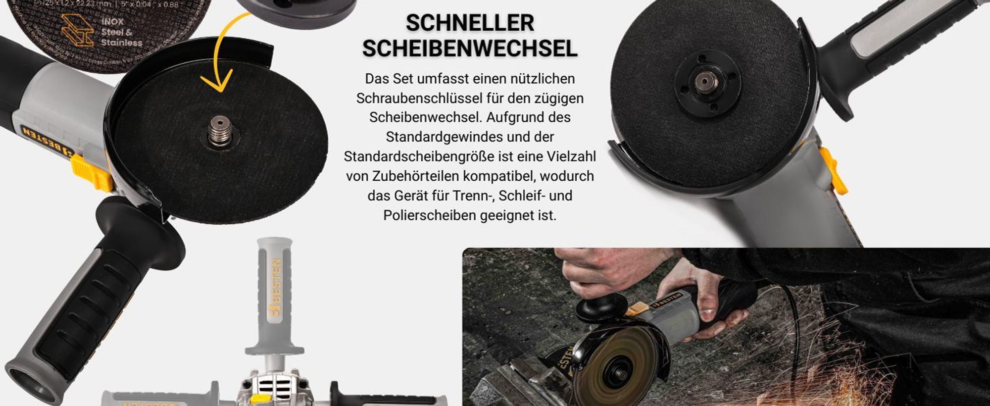 Winkelschleifer 125 mm 1300W, Drehzahlregelung, Softstart, 10× Trennscheiben