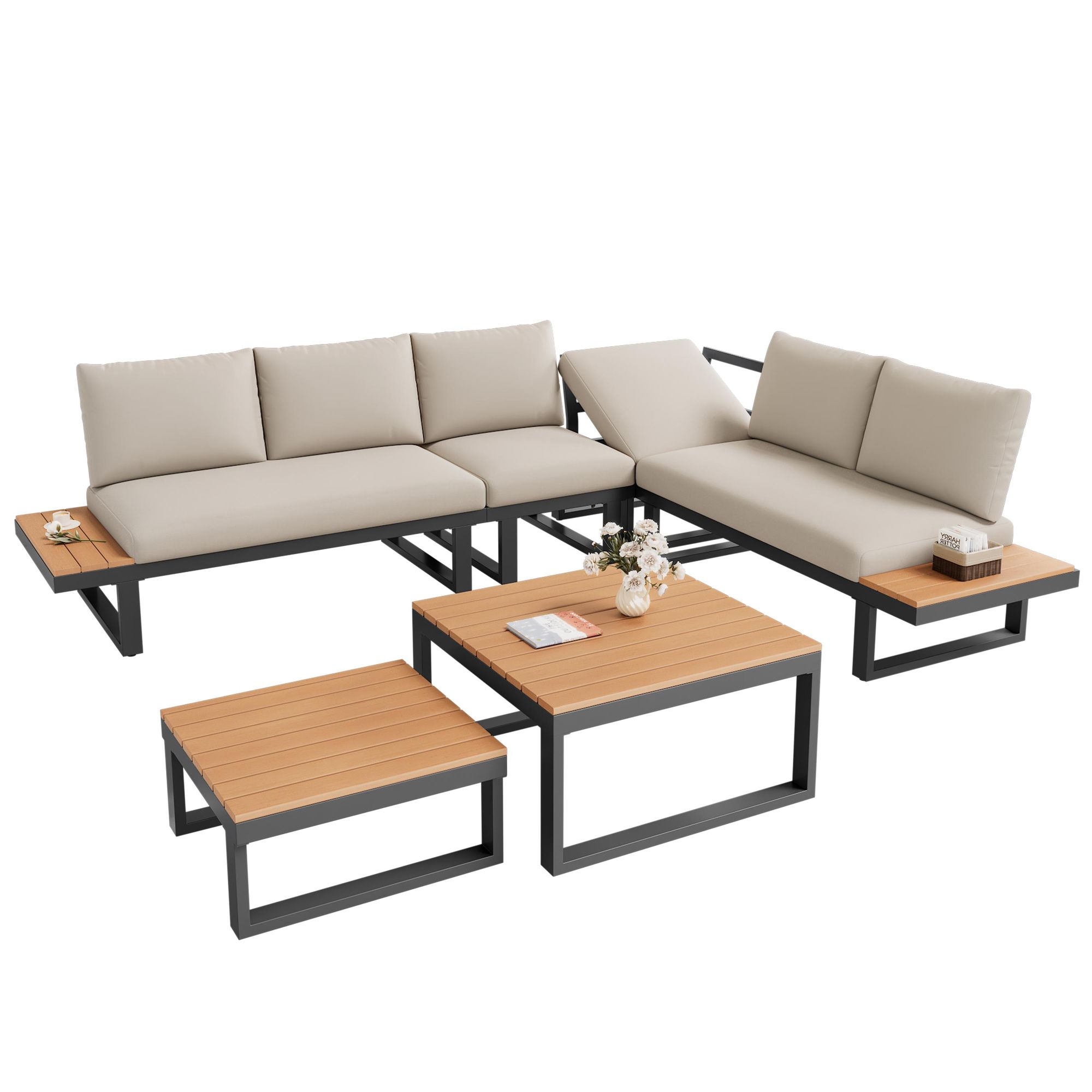 Flieks Gartenlounge-Set 6 Teilig, Balkonmöbelset mit 2 Gartentisch für 6 Personen, Gartensofa mit Ecksofa & Stuhl, Couchtisch Kunststoffplatte, Beige