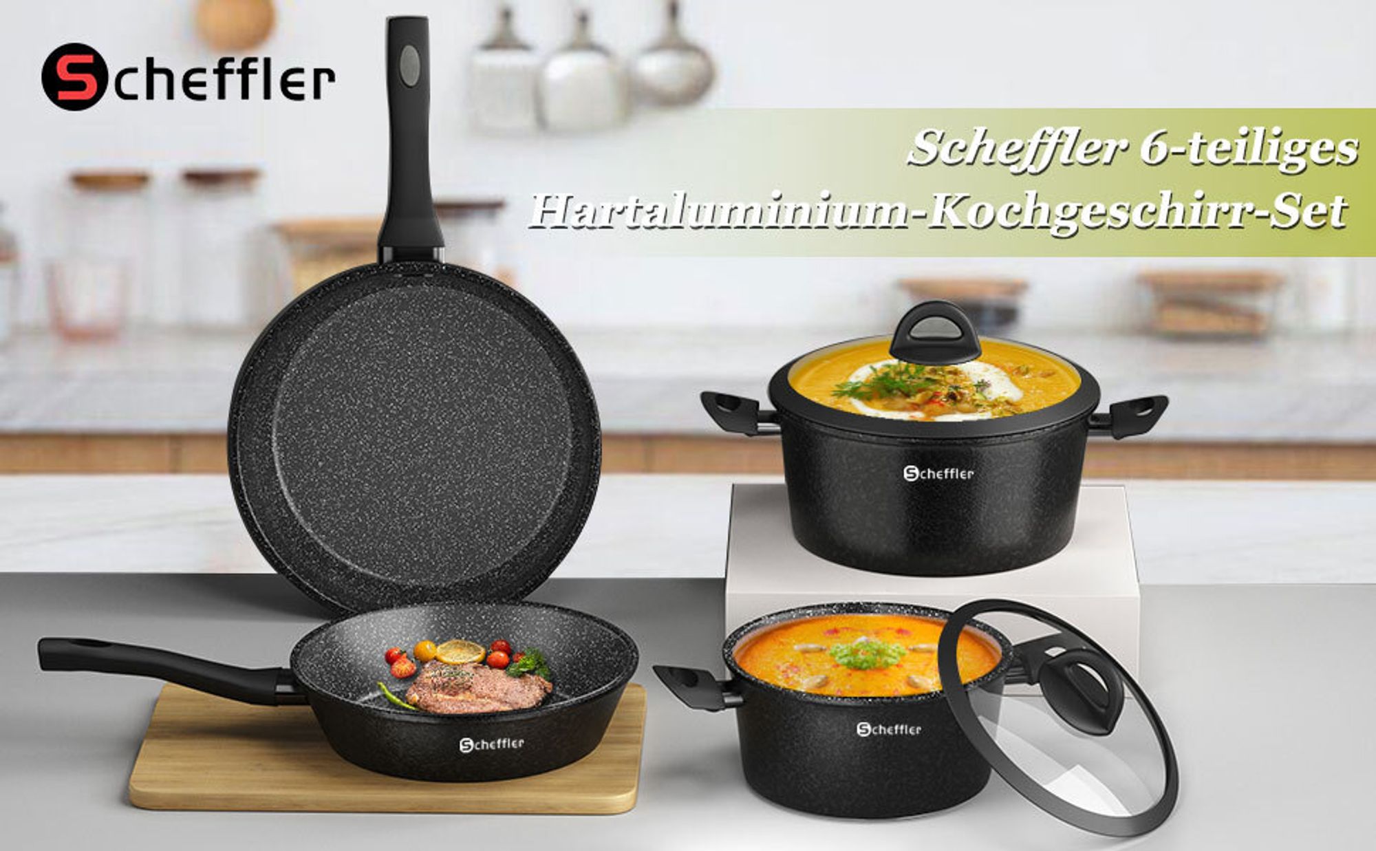 Scheffler Topfset, Induktions Töpfe Set 6-teilig, Antihaft-beschichtete Topfe, Kochtopf Set mit Glasdeckel, Spülmaschinenfest