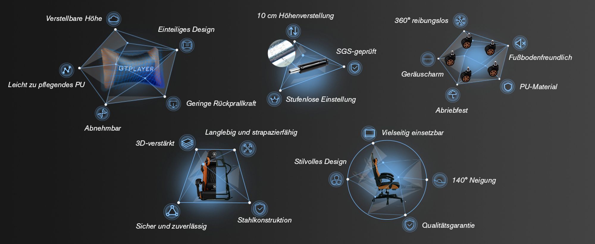 GTPLAYER Gaming-Stuhl Gamer Stuhl, Ergonomischer Bürostuhl mit Fußstütze, Gaming Sessel 150 kg Belastbarkeit, Kopfstütze und Lendenstütze braun