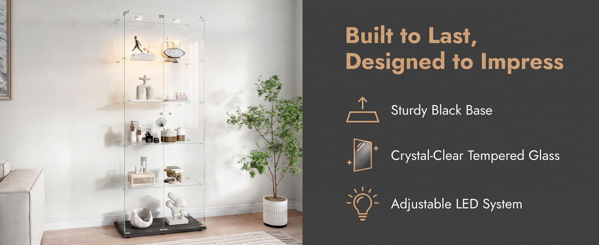 INONEFT Glasvitrine mit LED-Beleuchtung, 2 Türen und 5-stufig, Vitrinenschrank, Vitrine Sammlervitrine für Sammlerstücke und Wein, Schwarz