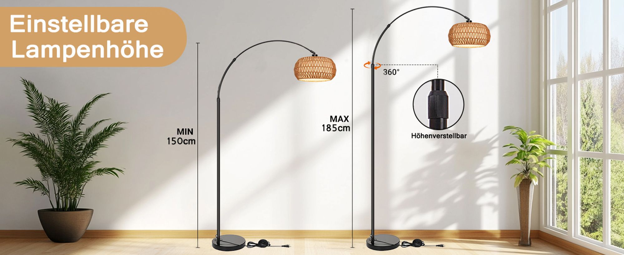 Rattan Stehlampe Boho Dimmbar Stehleuchte App-Steuerung Höhenverstellbar Standleuchte mit Fernbedienung für Schlafzimmer Wohnzimmer Büro