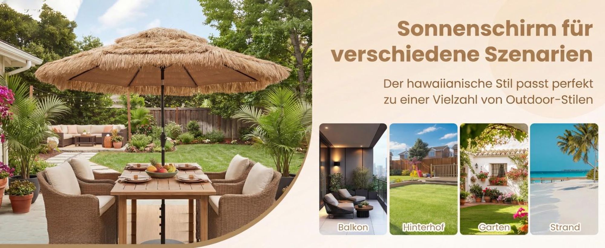 COSTWAY Sonnenschirm Hawaii 300 cm, Strohschirm mit Solar-LED und Doppeldach, Gartenschirm neigbar