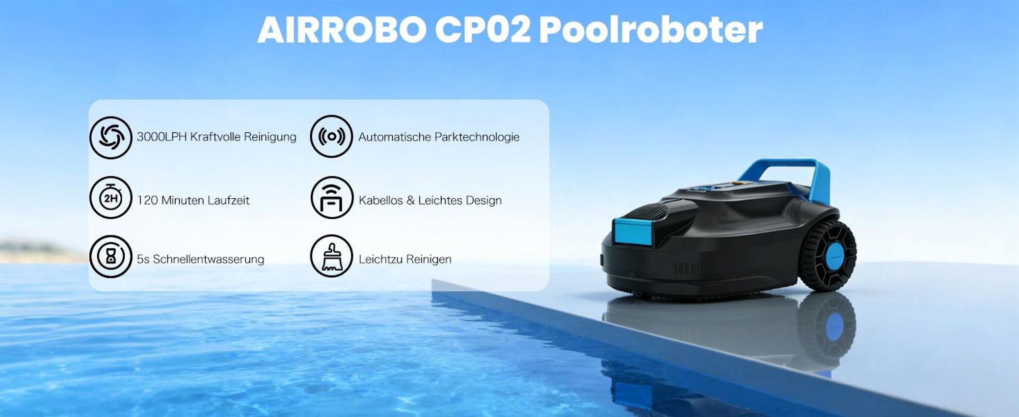 AIRROBO CP02 Poolroboter, 3000LPH Leistungsstarke, 120min Laufzeit, Selbsteinparkfunktion
