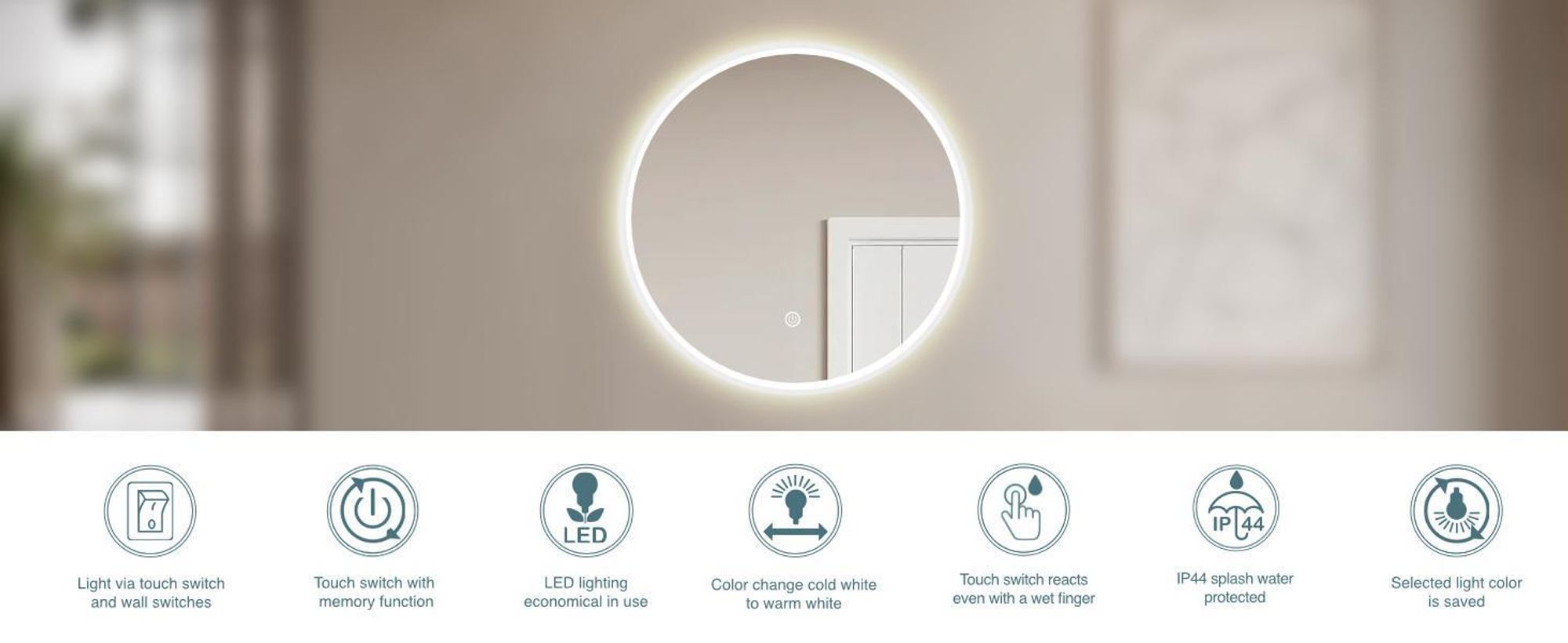 Specchio da bagno HOKO design rotondo 80 cm Vienna con cornice in metallo bianco. Illuminato a LED a risparmio energetico + interruttore a sfioramento + cambio luce a LED.