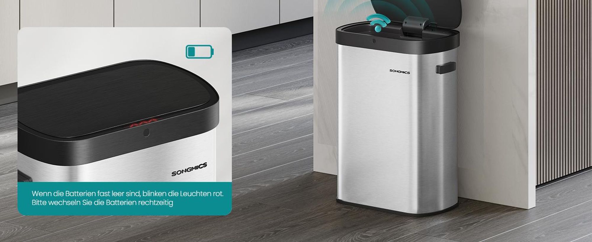Mülleimer mit Sensor, automatischer Abfalleimer 50 L, Softclose-Deckel, Edelstahl, metallicsilber-tintenschwarz