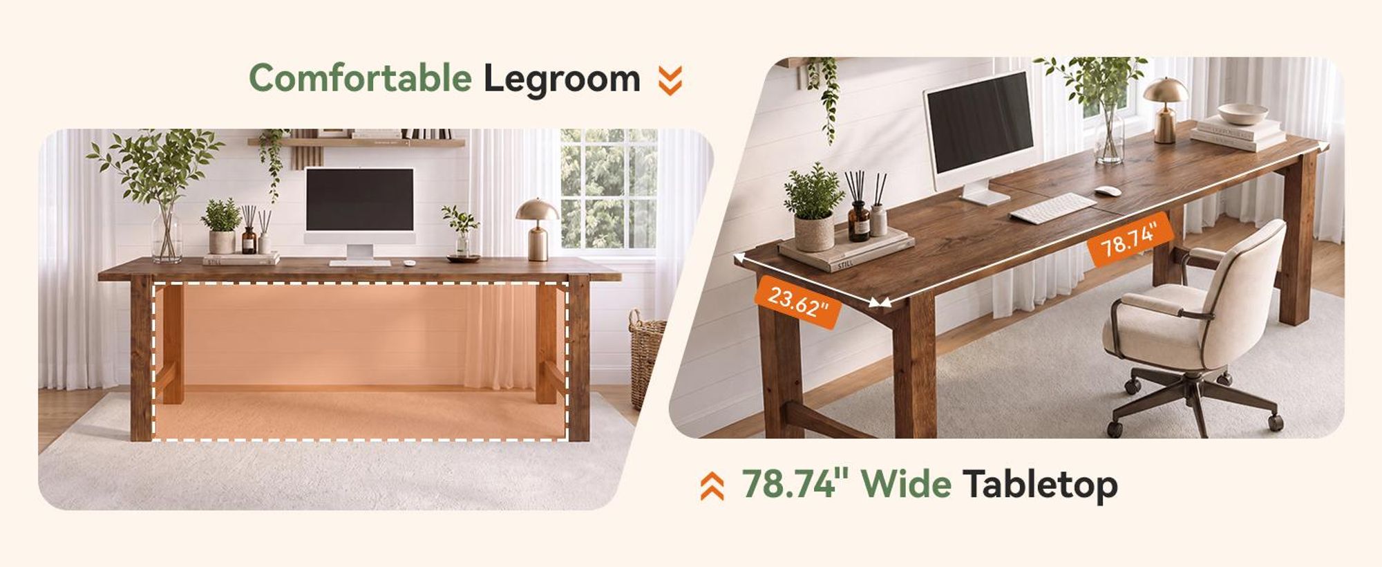 Massivholz Schreibtisch, extra langer Computertisch ca. 200 cm Schreibtisch im Landhausstil mit massiven Beinen,großer Arbeitsfläche Home-Office,Braun