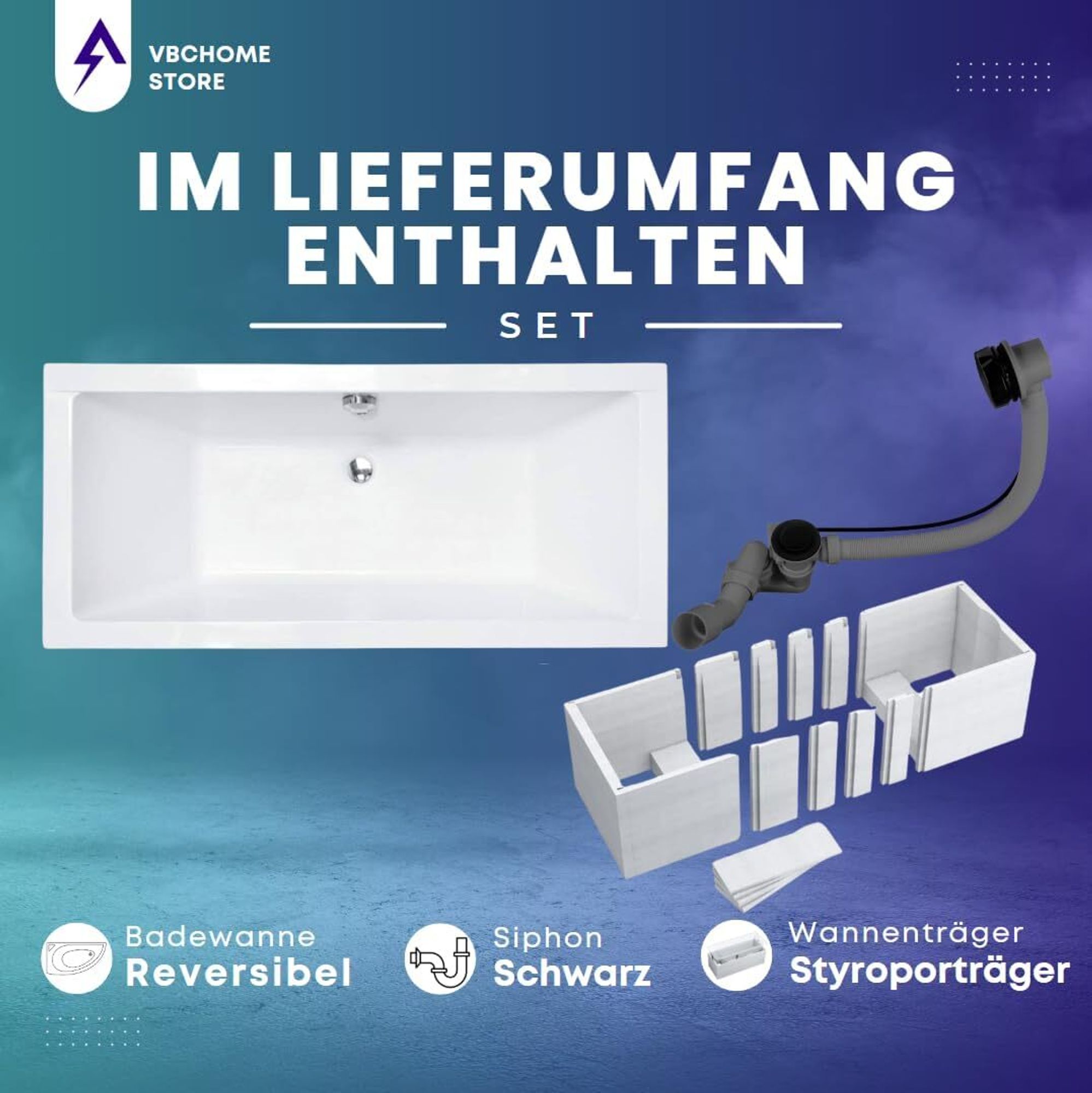 VBChome Acrylbadewanne 180 x 80 cm Weiß mit Styroporträger und Schwarz Siphon - Modern, langlebig und wärmeisolierend, perfekt für das Badezimmer