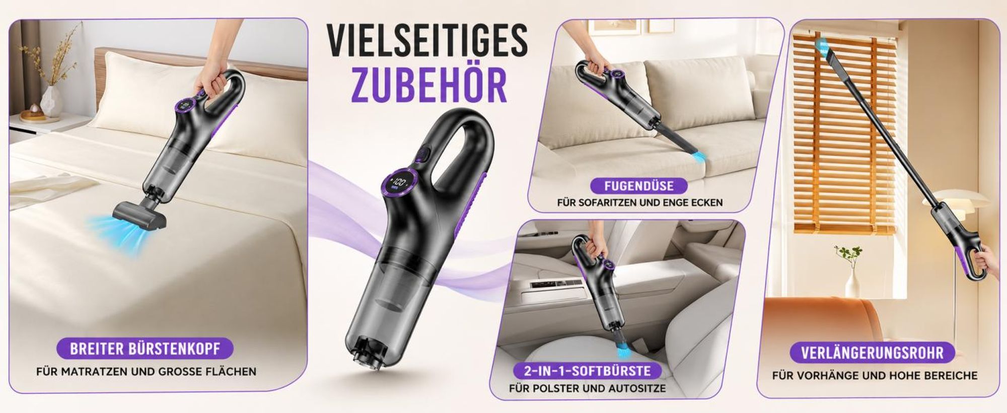 4-in-1 Akku-Staubsauger, 15.000 Pa, kabelloser Hand- und Stielstaubsauger mit LED-Anzeige & HEPA-Filter, für Hartboden, Teppich und Tierhaare, Lila