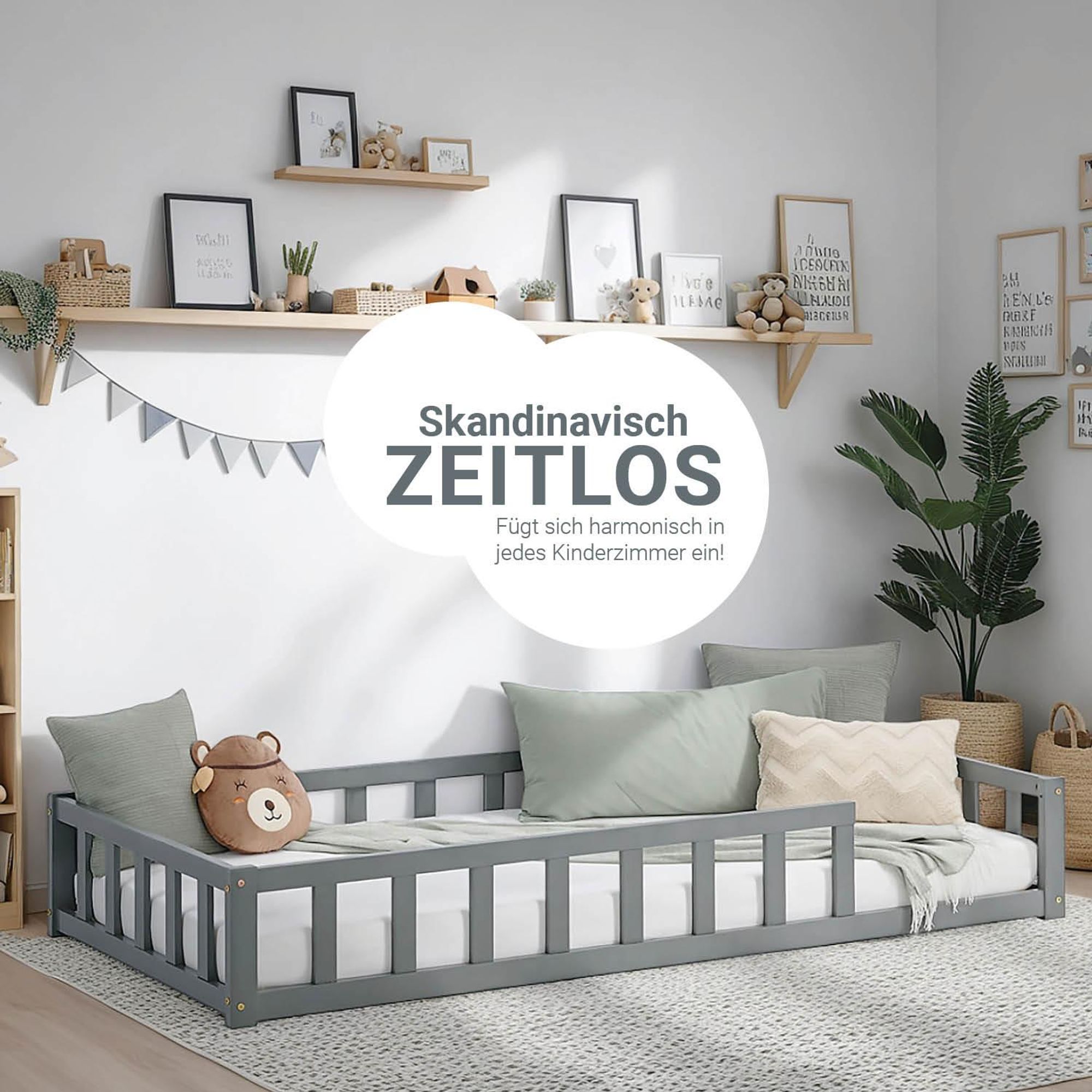 Das Kinderbett verfügt über ein modernes, zeitloses und skandinavisches Design.