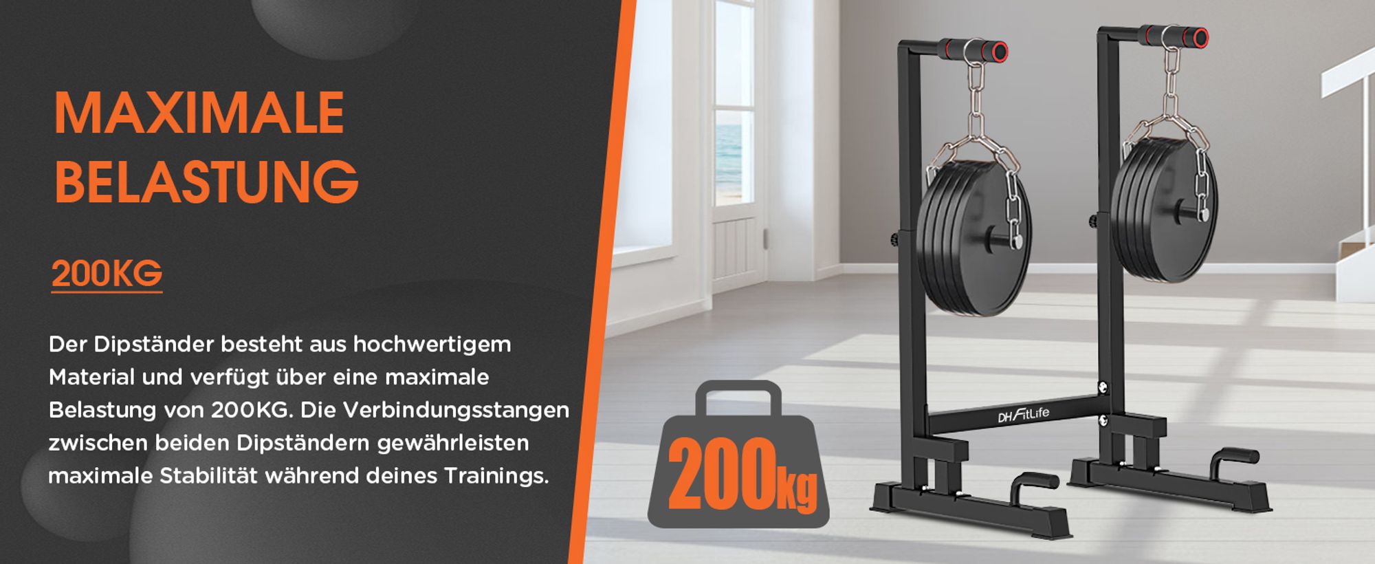 DH FitLife Dip Barren Dipständer 9-fach verstellbar (100-130cm) - Kraftstation für Zuhause, Calisthenics & Krafttraining Parallettes