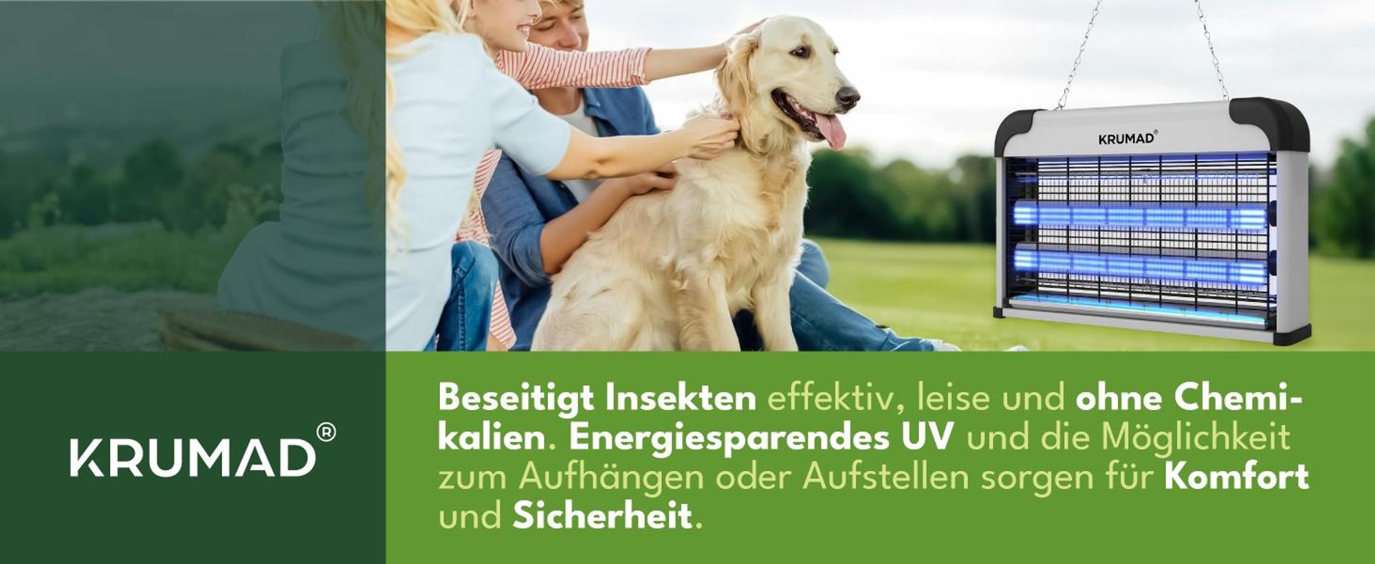KRUMAD Insektenvernichter Elektrisch 30W – UV Mückenlampe mit Kette zum Aufhängen – Fliegenfalle für Innenbereich, leise & chemikalienfrei, bis 80 m²