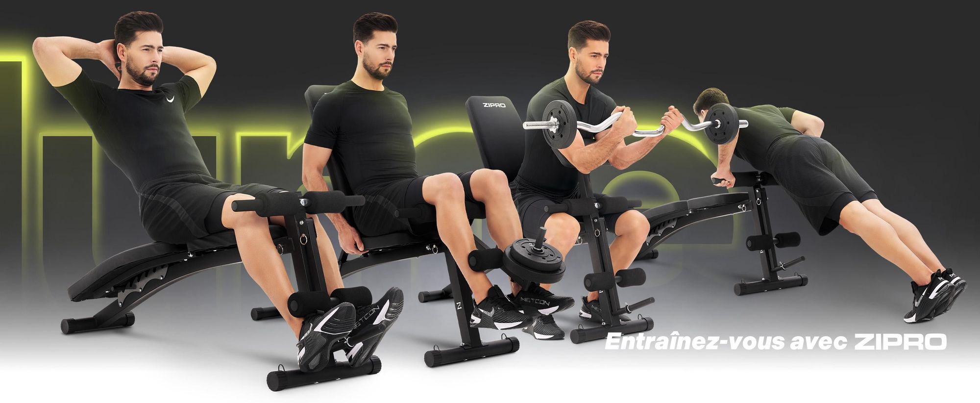 Zipro Volume Banc d'entraînement multifonctionnel avec presse à jambes et banc de curl pour biceps pour l'entraînement de tout le corps, banc réglable, noir, capacité de charge 230 kg