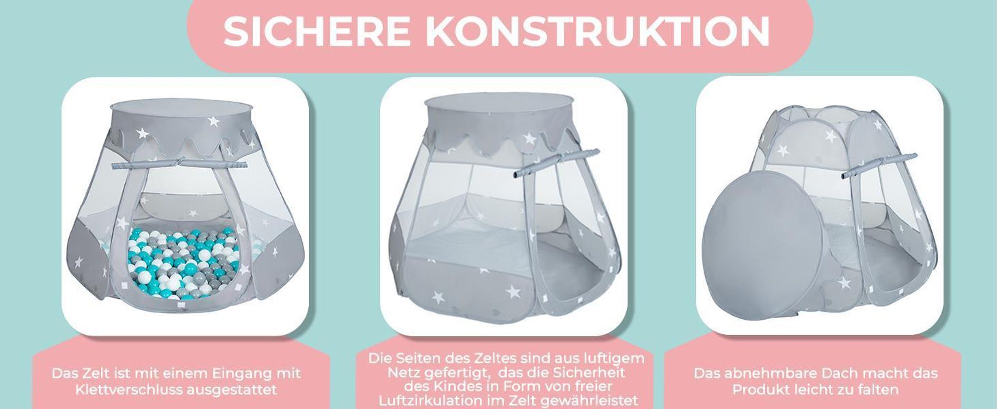 Selonis Spielzelt Kinder 105x90cm mit 100 Bunte bälle ∅6cm - Zelt kinderzimmer Kinder spielzelt Bällebad zelt Babyzelt Höhle - Für Jungen - Grau