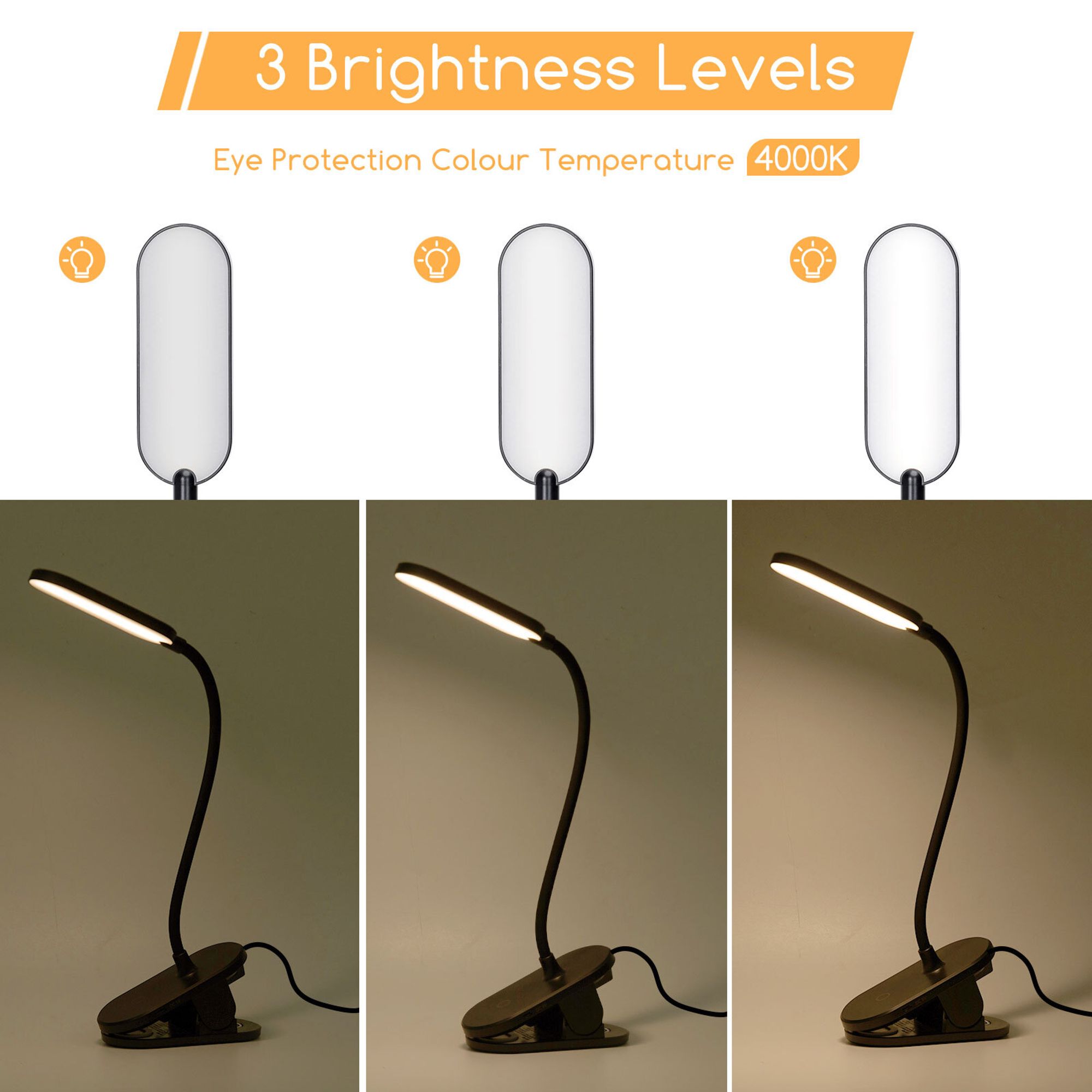 Aigostar LED Leselampe Bett,Touch-Dimmen Klemmlampe mit 360° Verstellbarem Flexiblem Arm,Schreibtischlampe mit 3 Helligkeitsmodi,4000K,USB-Ladekabel