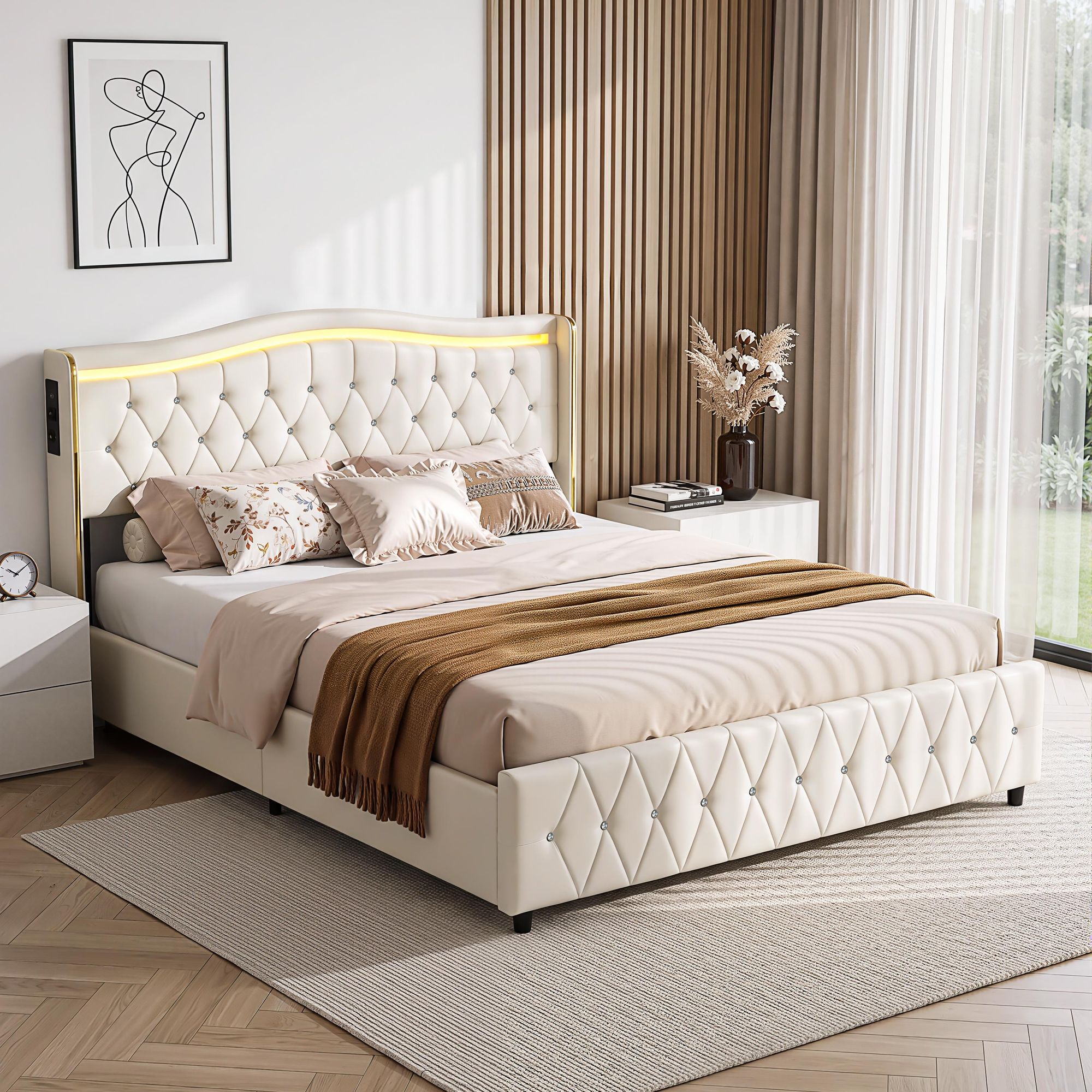 OYAJIA Polsterbett 90x200cm mit LED, Doppelbett mit 2 Schubladen Stauraum und Kopfteil, Stauraumbett Jugendbett mit USB&Type-C, Kunstleder Bettgestell