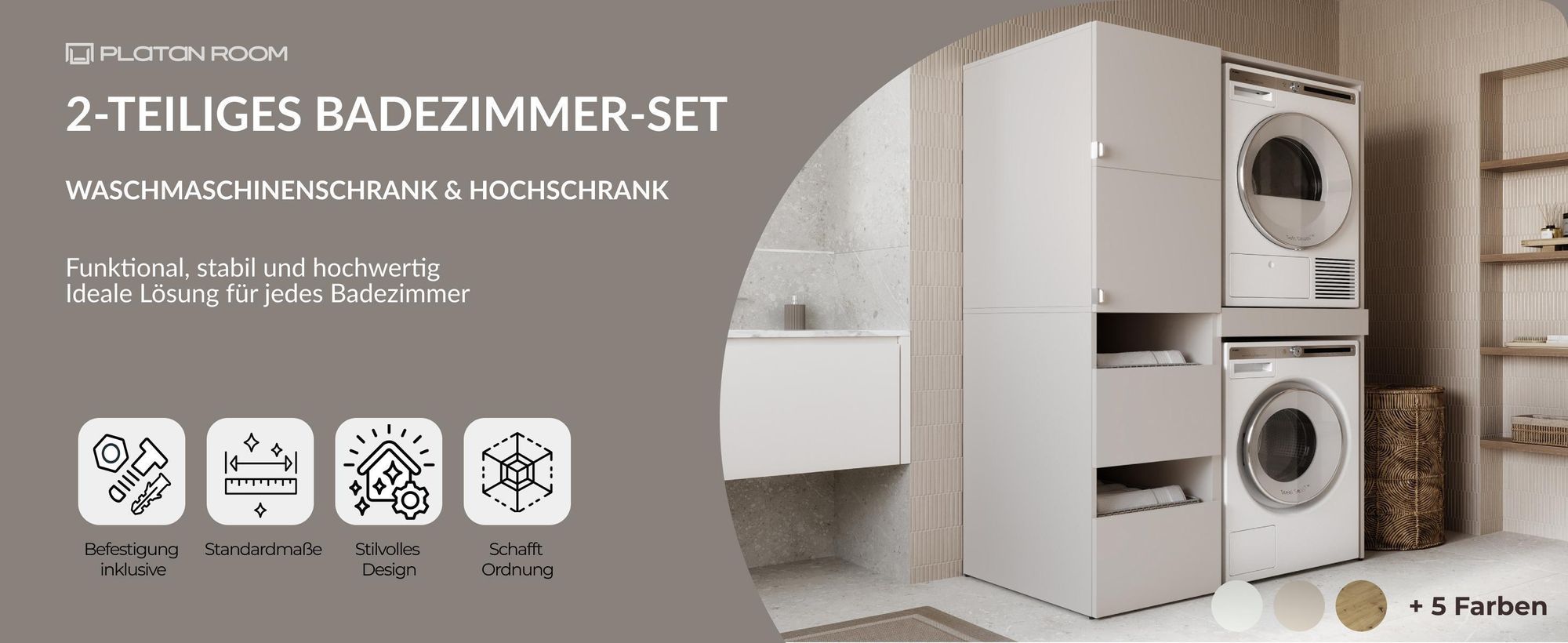 Hochschrank Badschrank für Waschmaschine und Trockner – Waschmaschinenschrank Überbauschrank 187 x 65 x 111 cm (45+66) (Kaschmir)