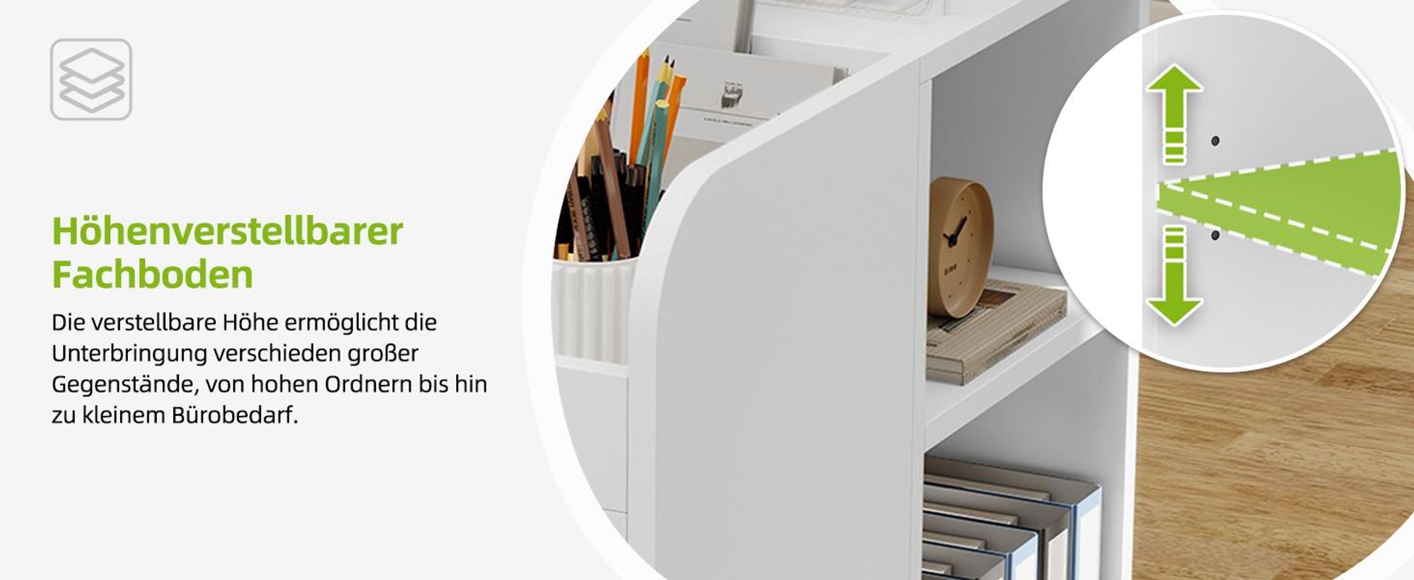 Rollcontainer mit 2 Schubladen, Aktenschrank mit Seitenhaltern Regal und Ablagefächern, Büroschrank, Weiß