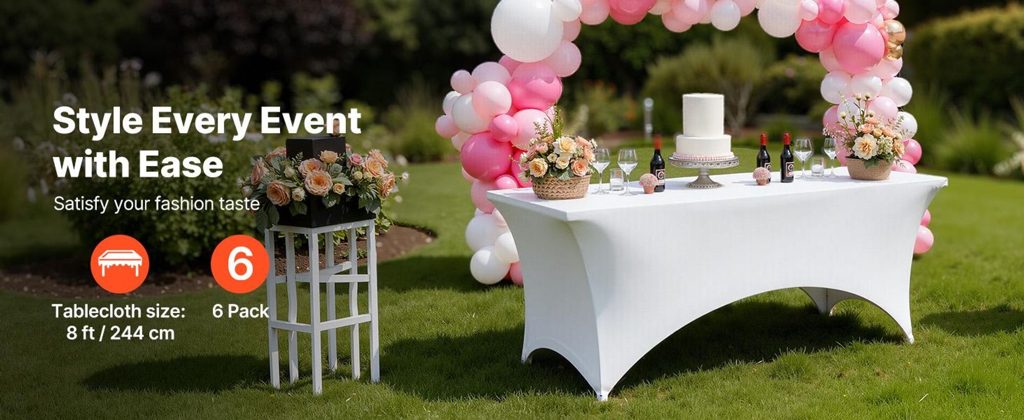 VEVOR 6 x Stretch Elasthan Tischdecke Tischwäsche (rechteckig) geeignet für 244 cm Tische, waschbarer knitterfreier Tischdeckenschutz, Tischtuch für Partys Hochzeiten Bankette Festivals, Weiß