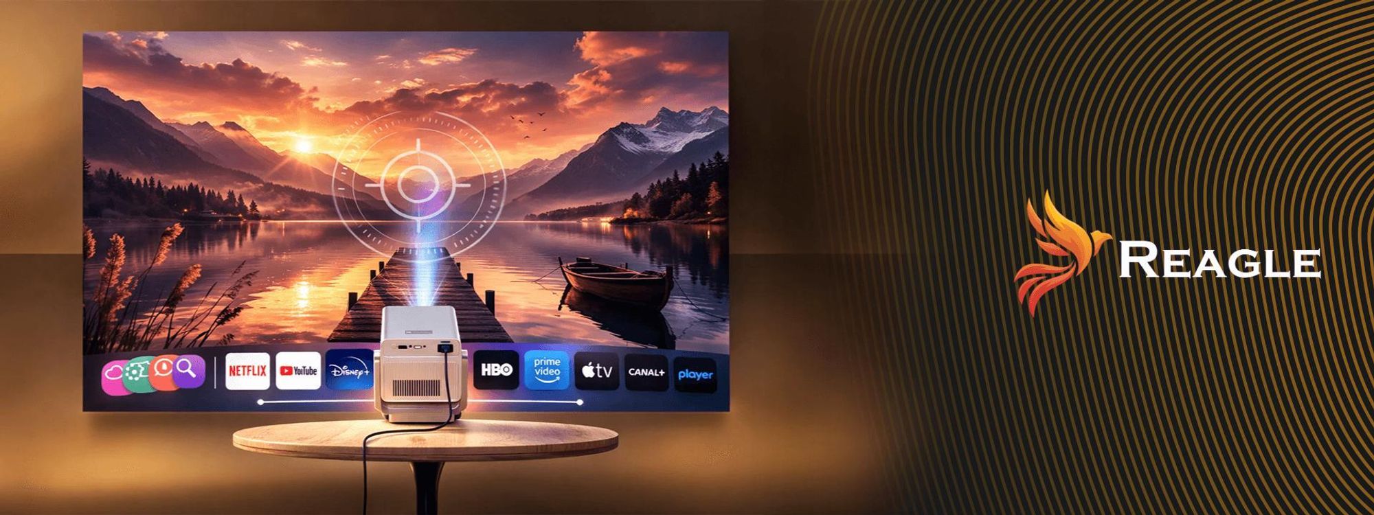 LED Beamer Tragbarer Projektor 1000 ANSI 8K Support Full HD 130" Android 14 Smart TV WiFi 6 Bluetooth Autofokus Kurzdistanz 180° drehbar Heimkino REAGLE