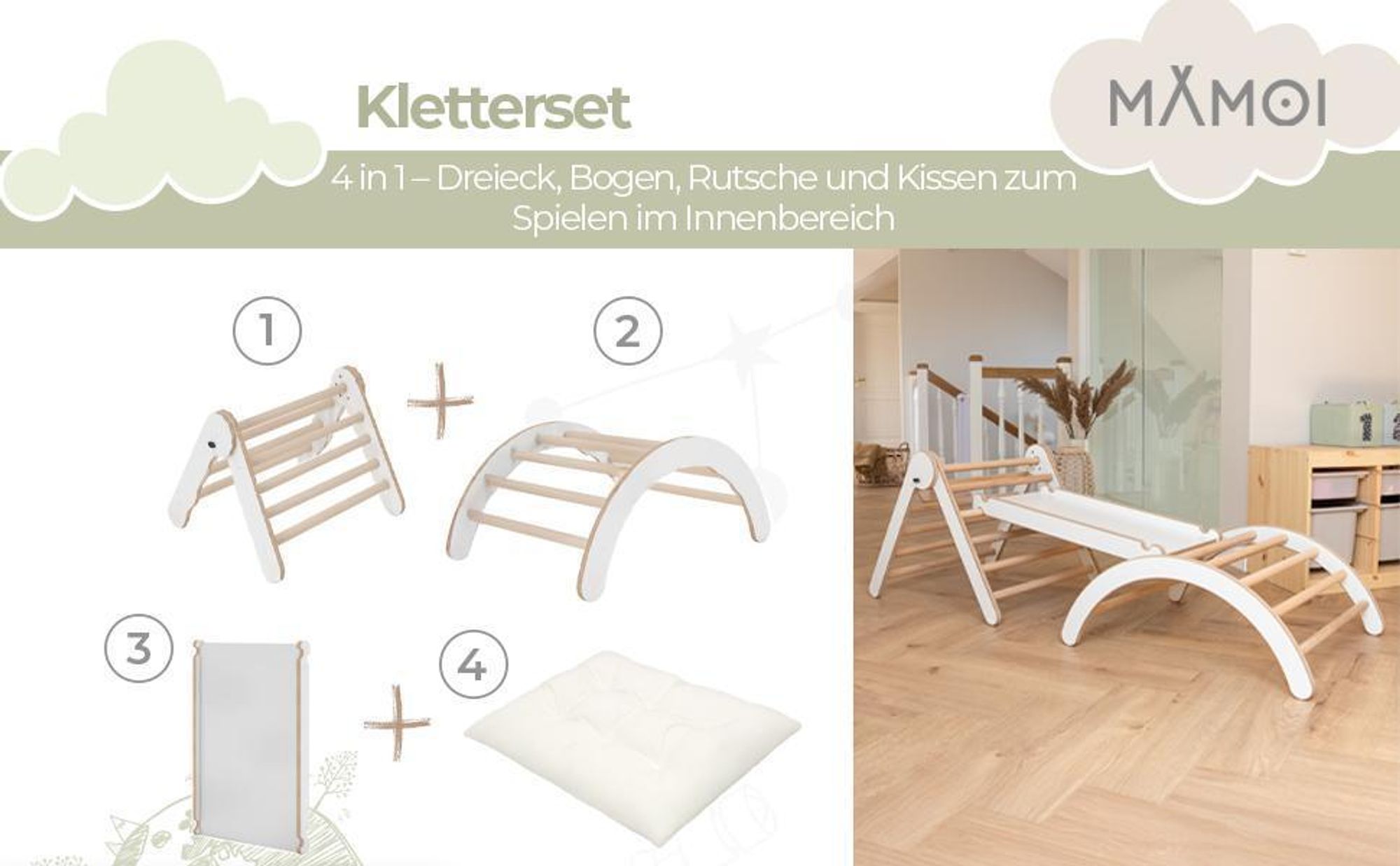 MAMOI® Klettergerüst Kletterdreieck Indoor 4 in 1 SET. Montessori Kletterbogen mit Kissen, Indoor Spielplatz 1-3 Jahre und Rutsche für Kinder.