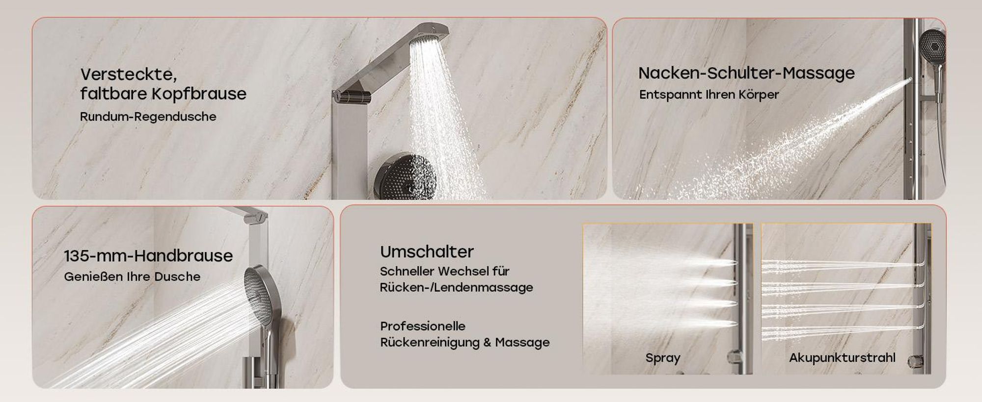 HOROW RainFlexi S1 Regendusche Set Massage ohne Armatur, Chrom Duschpaneel mit Großem Duschkopf, Klappbares Duschsystem, Höhenverstellbares Duschset