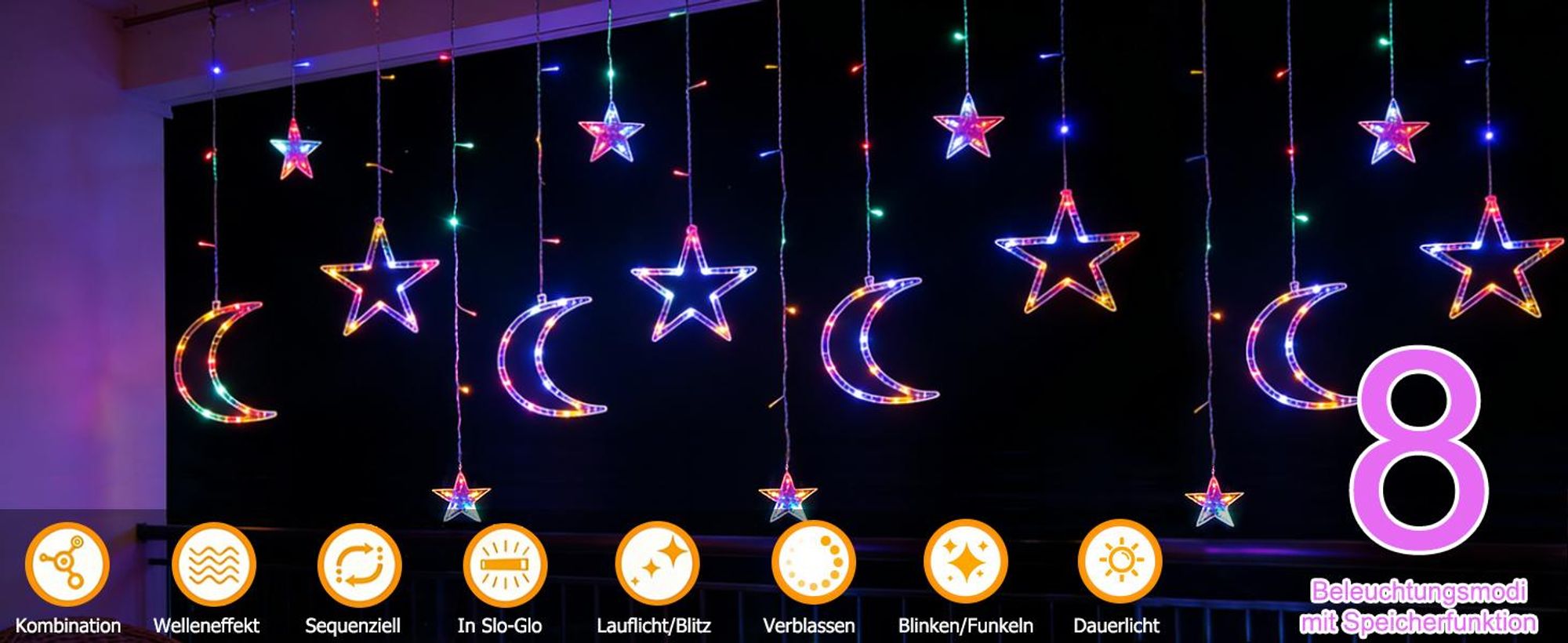 LED Stern Mond Lichtervorhang 3,5m Bunt Lichterkette 8 Beleuchtungsmodi Weihnachten Party Garten Deko
