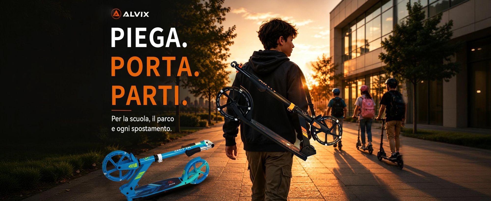 Monopattino pieghevole con tracolla, facile da portare a scuola, al parco e in viaggio.