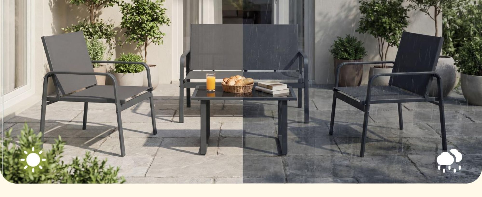 Mondeer Gartenmöbel-Set 4-teilig, Sitzgruppe mit Armlehnen & Glas-Tisch, Wetterbeständig für Balkon Terrasse Grau