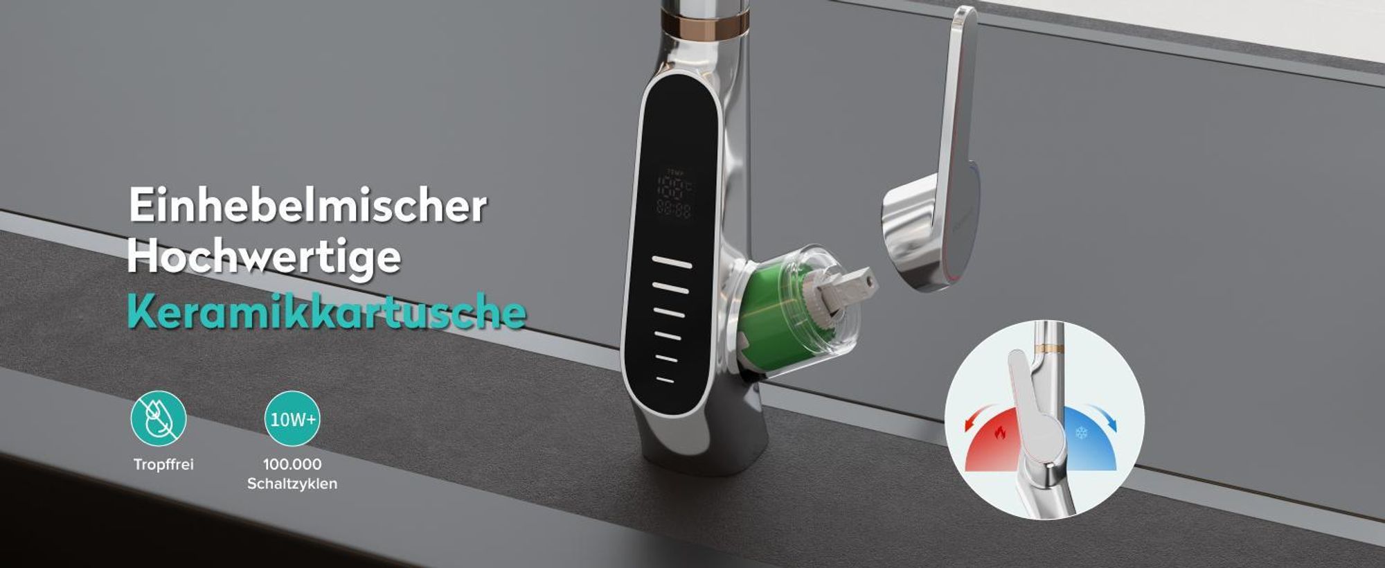 Mai & Mai Wasserhahn Küche Küchenamatur ausziehbar 360° drehbar 3 Wasserstrahl-Modi LED-Digitalanzeige Küchenwasserhahn Spültischarmatur Schwarz 8085