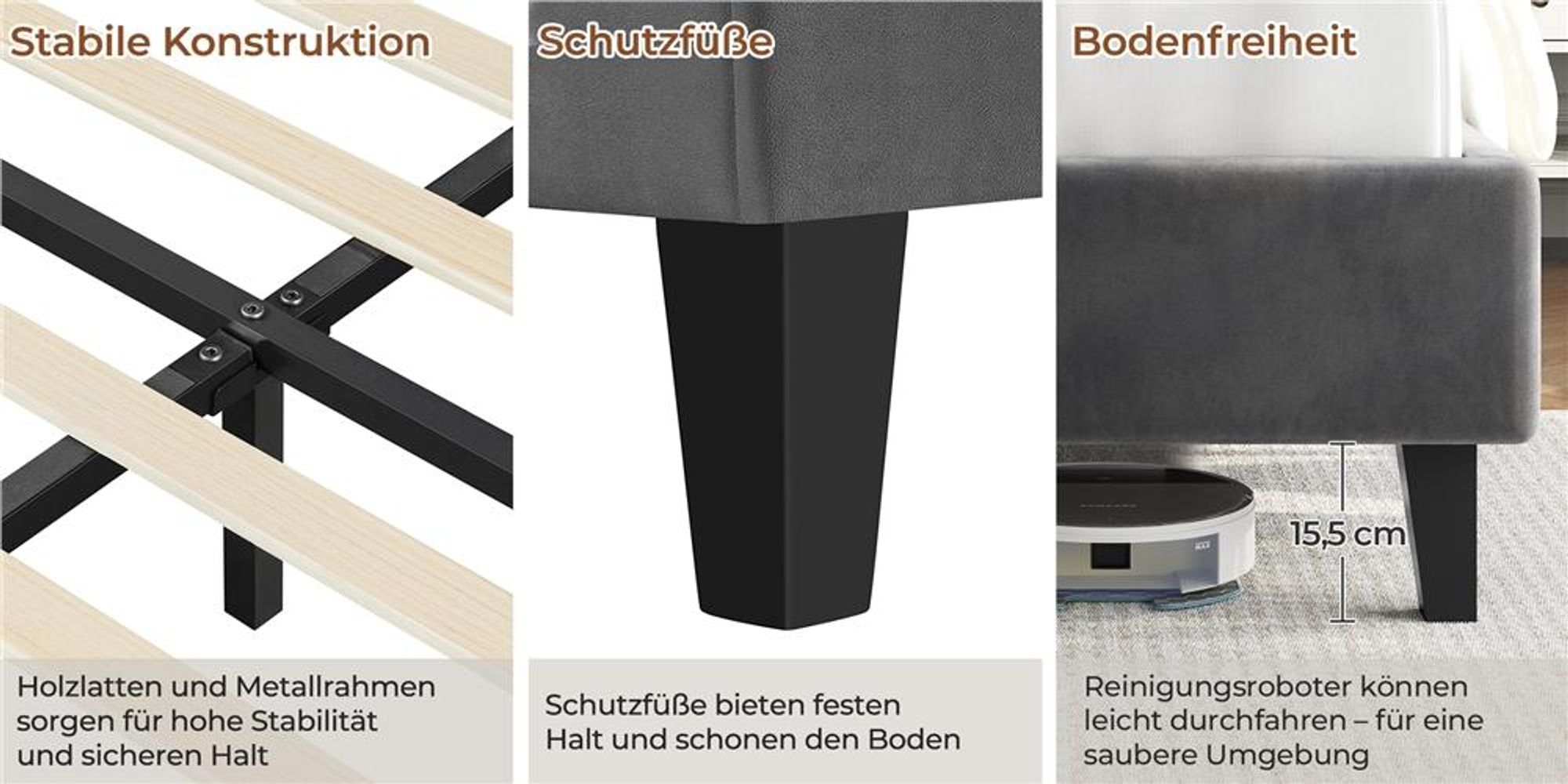 Yaheetech Polsterbett mit höhenverstellbarem Kopfteil Doppelbett 160×200cm Stoffbett Jugendbett Gepolstertes Bett Bettrahmen mit Lattenrost Dunkelgrau